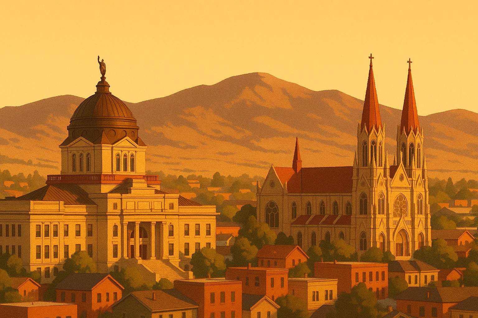 A warm, wide illustration of the Helena, Montana skyline at golden hour, the copper dome of the Montana State Capitol and the spires of the Cathedral of Saint Helena among low rooftops, the Big Belt Mountains rising behind under a clear amber sky.