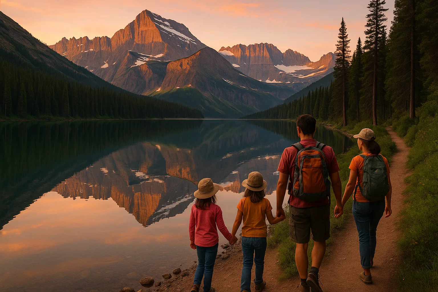 Glacier National Park at sunrise, families on a lakeshore trail beside a still alpine lake, snow-streaked peaks and dark pine ridges mirrored in the water.