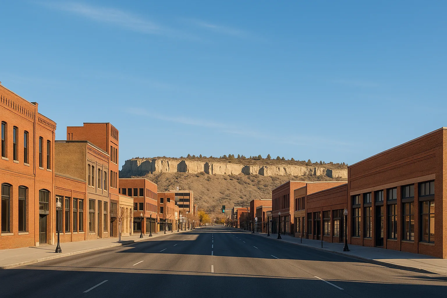 Downtown Billings, Montana on a clear morning: low brick office buildings along a wide main street with the sandstone Rimrocks bluffs rising behind the city under a broad blue sky.