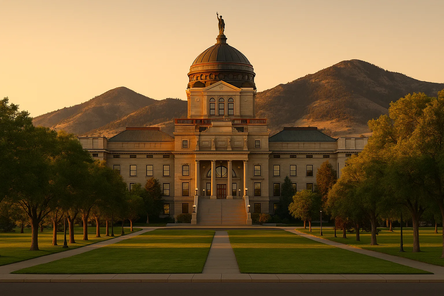 The Montana State Capitol in Helena at golden hour, copper dome above the Rocky Mountain foothills, a quiet tree-lined approach and wide lawn in the foreground under a warm clear sky.