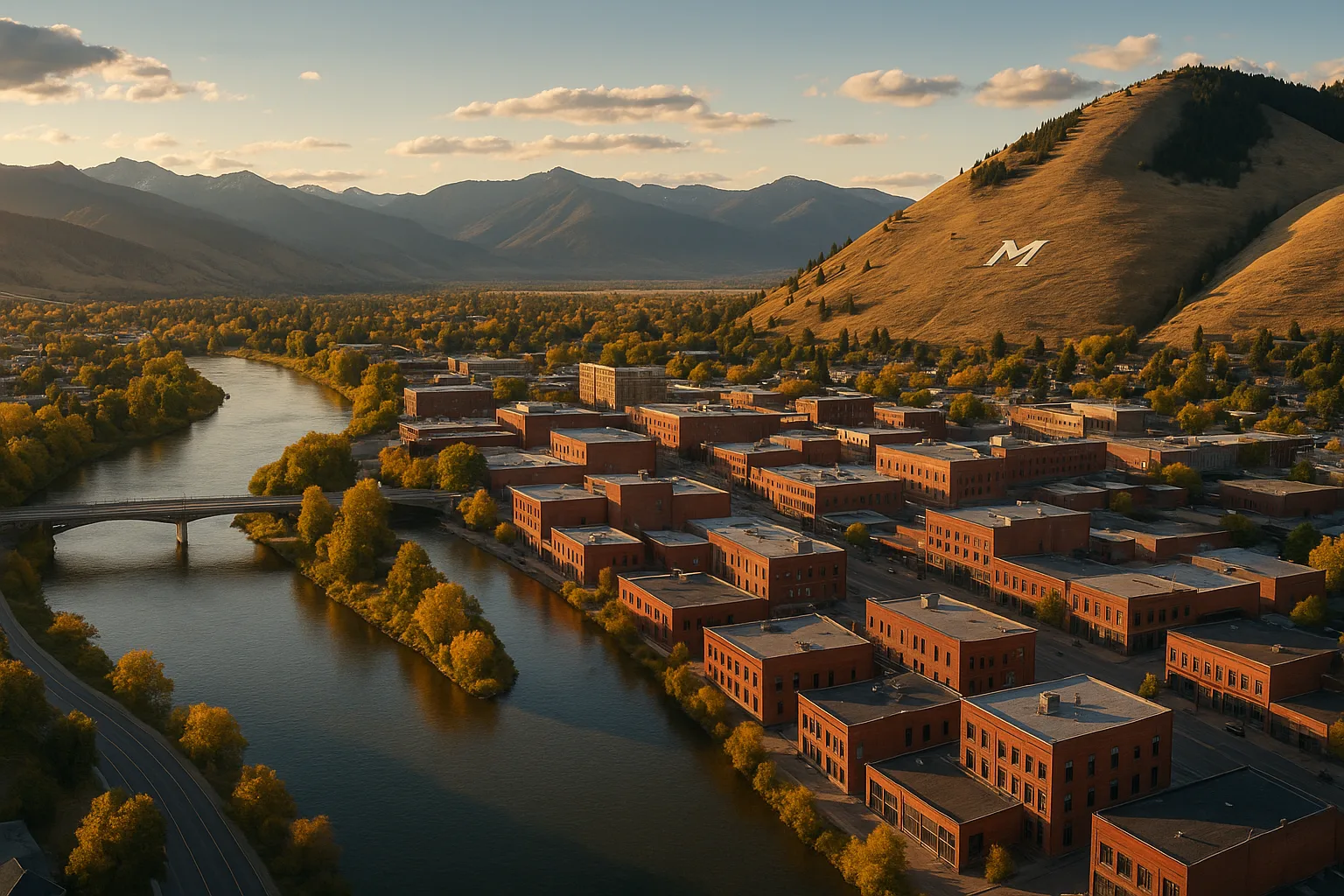 Missoula, Montana in late afternoon light, the Clark Fork River curving through downtown beneath the M on Mount Sentinel, brick storefronts and the Bitterroot range beyond.