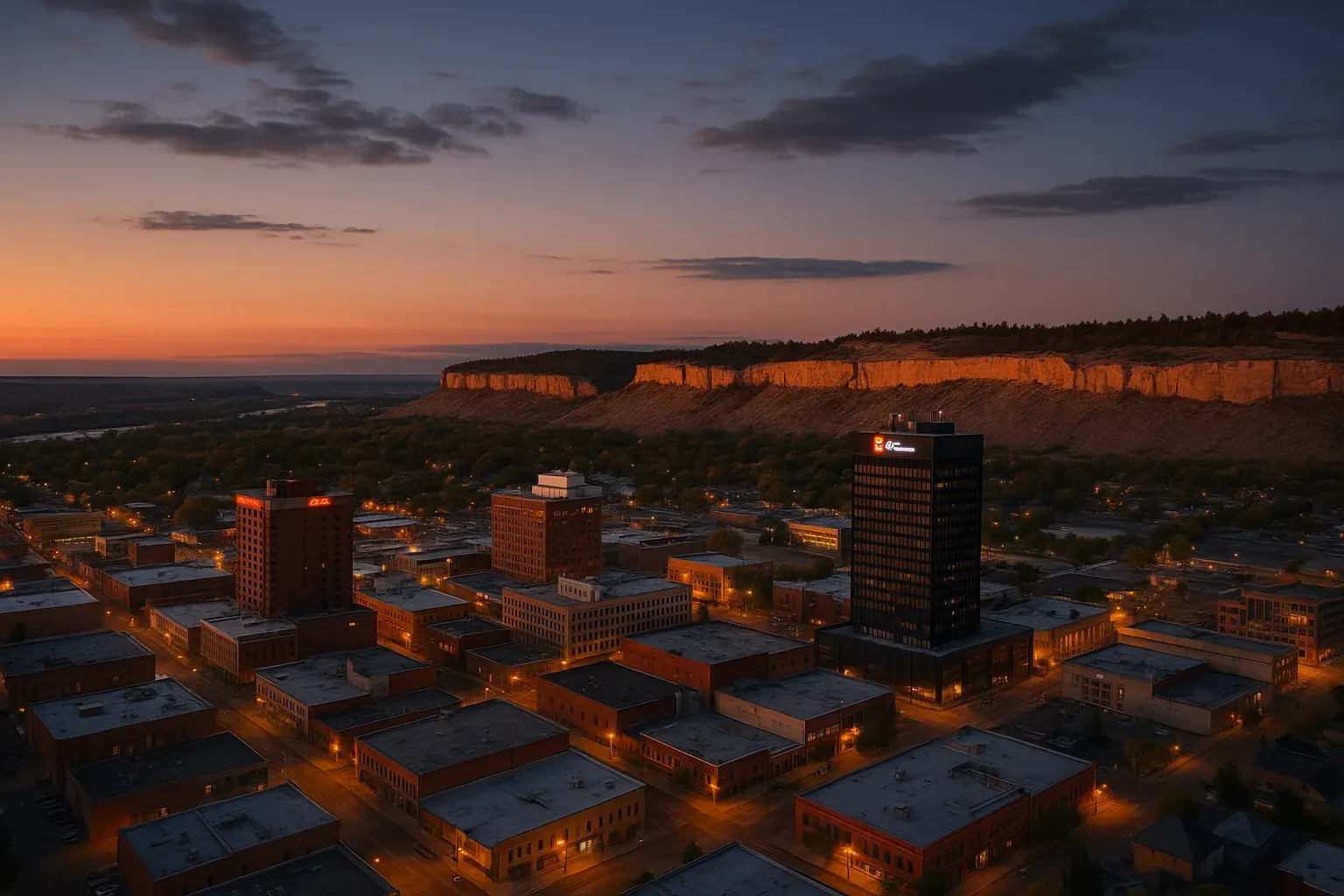 Downtown Billings, Montana skyline at dusk with sandstone rimrocks rising behind the city, the Yellowstone River valley visible in the distance under a wide Western sky.