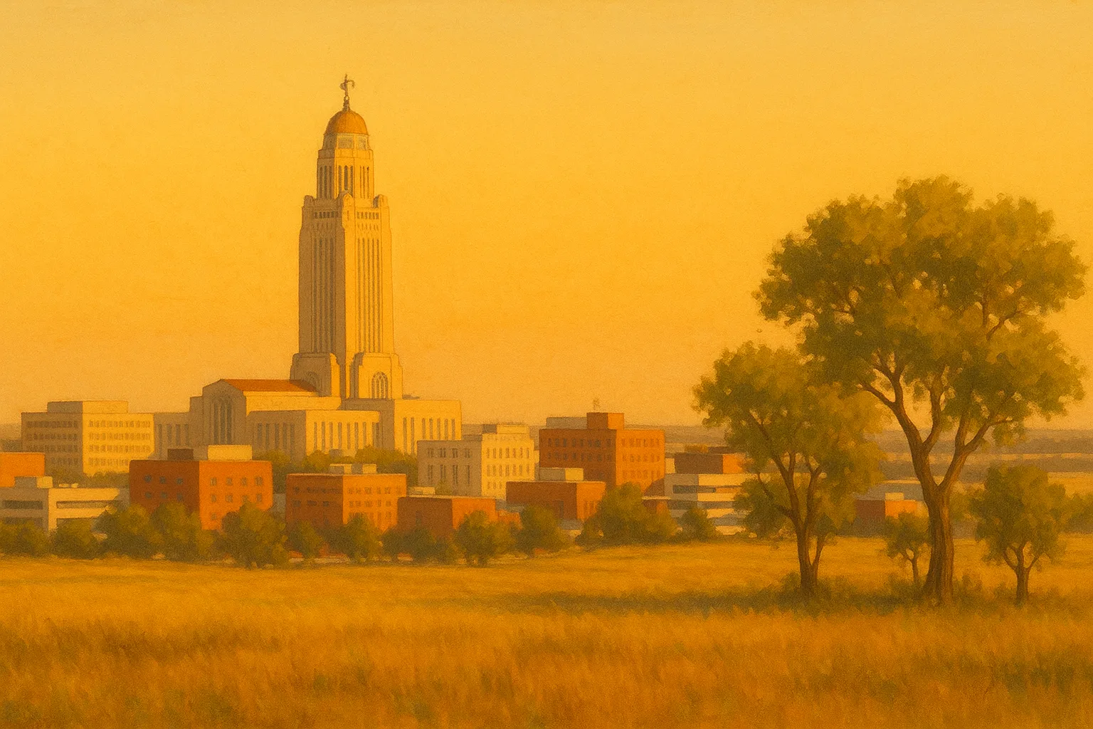 A warm, wide illustration of the Lincoln, Nebraska skyline at golden hour, the Nebraska State Capitol tower rising over low downtown buildings, with the open prairie and a few cottonwoods on the near horizon under a clear amber sky.