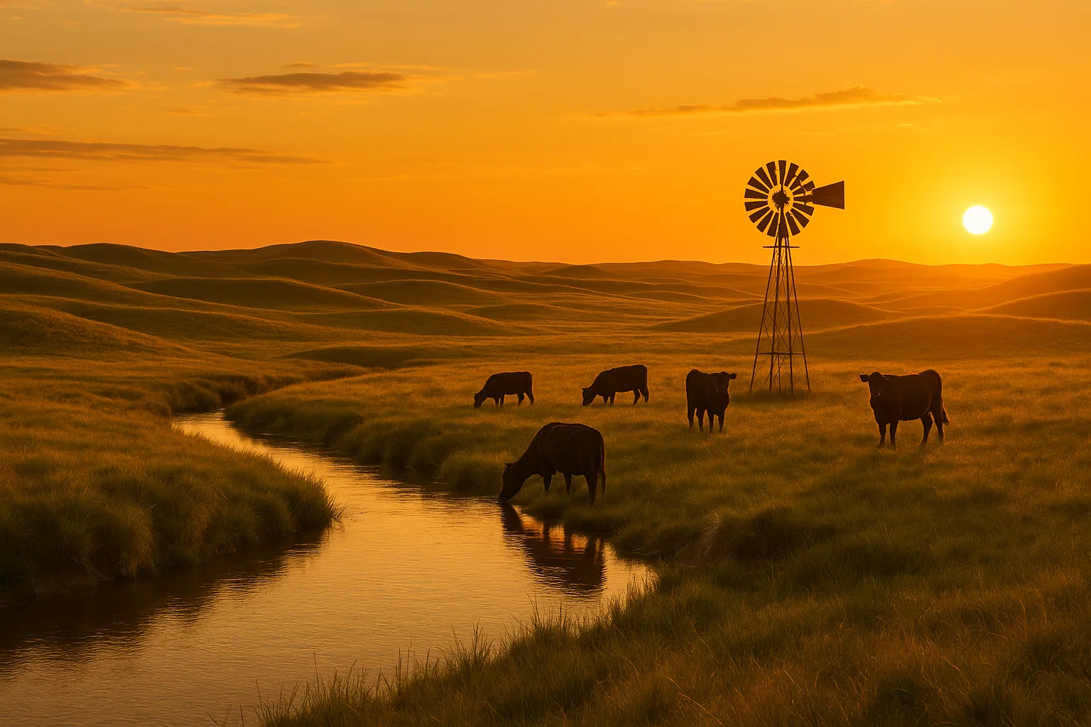 Golden hour over the Nebraska Sandhills, rolling grass-covered dunes stretching to the horizon, a windmill and a few cattle beside a quiet prairie creek under a wide amber sky.