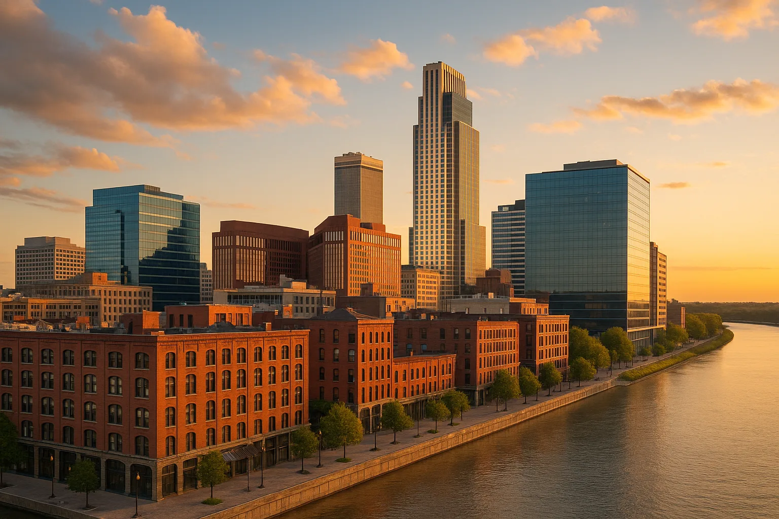 Downtown Omaha, Nebraska along the Missouri River at golden hour: brick warehouse offices in the Old Market beside modern glass towers, with the riverfront and open prairie sky behind.