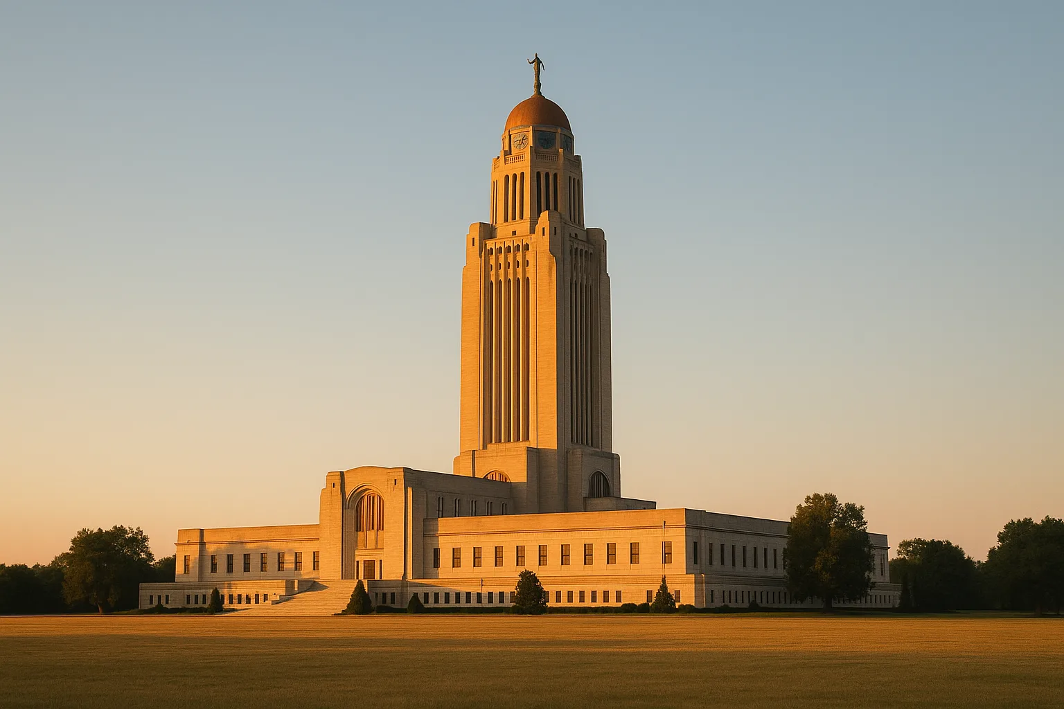 The Nebraska State Capitol tower in Lincoln rising above the plains at golden hour, its tall limestone shaft catching warm light over a quiet open lawn beneath a clear sky.