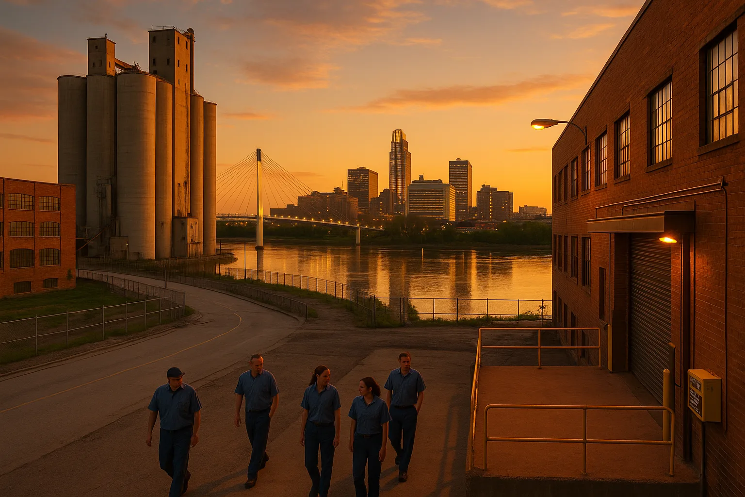 Omaha, Nebraska at golden hour: grain elevators and meatpacking warehouses along the Missouri River, shift workers clocking out by a loading dock with the downtown skyline and the Bob Kerrey pedestrian bridge lit behind.
