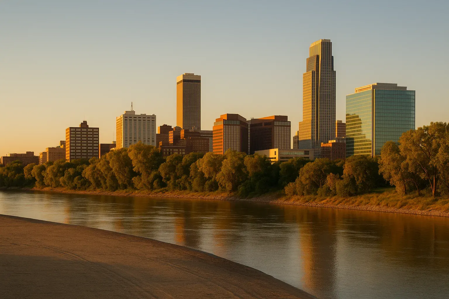 Omaha, Nebraska skyline seen across the Missouri River at golden hour, modern glass towers and mature tree canopies catching warm light, wide empty riverbank in the foreground beneath a clear sky.