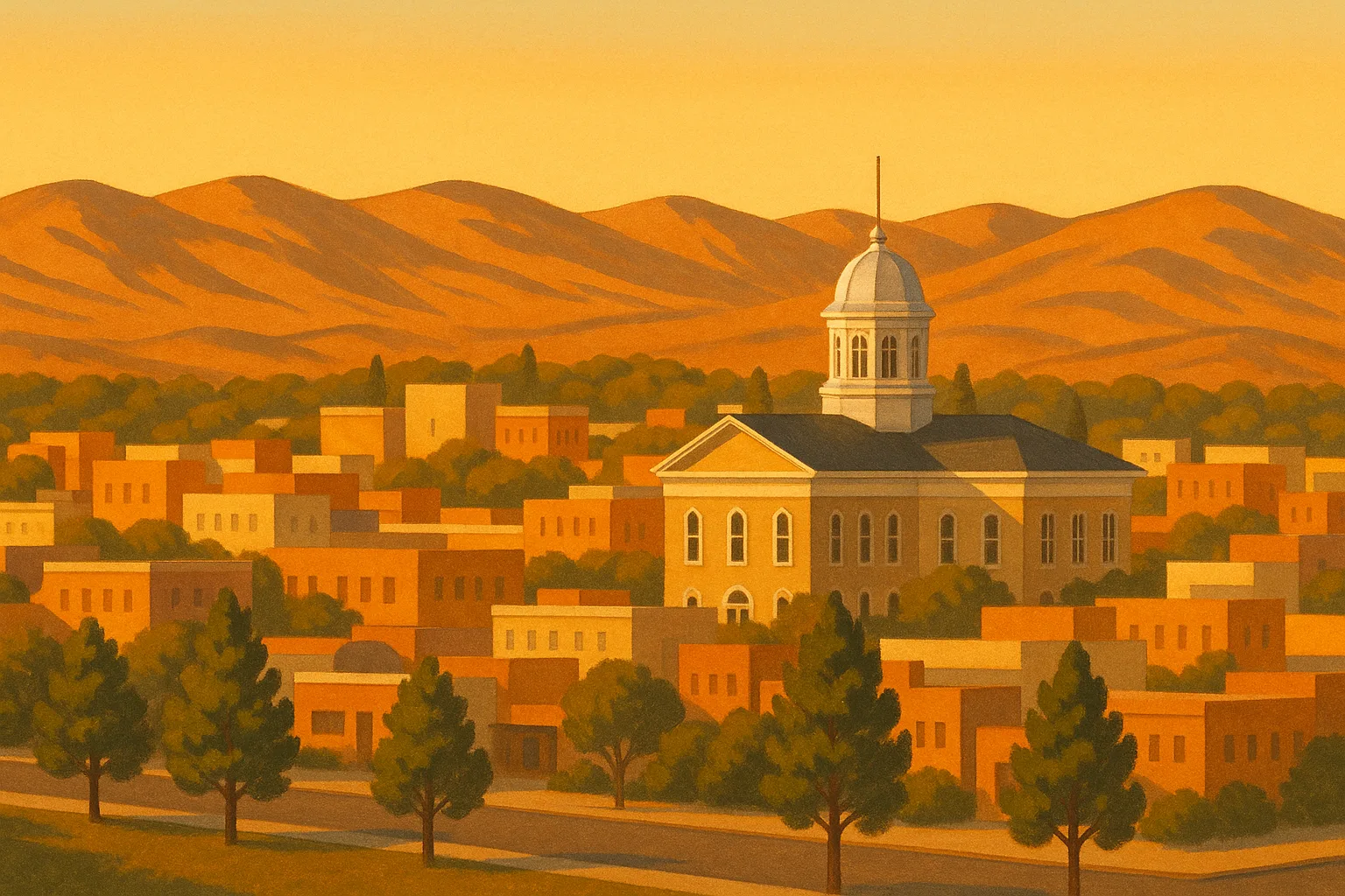 A warm, wide illustration of the Carson City skyline at golden hour with the silver-domed Nevada State Capitol among low buildings, the Sierra Nevada foothills behind under a clear amber sky, pinyon pines along the near street.