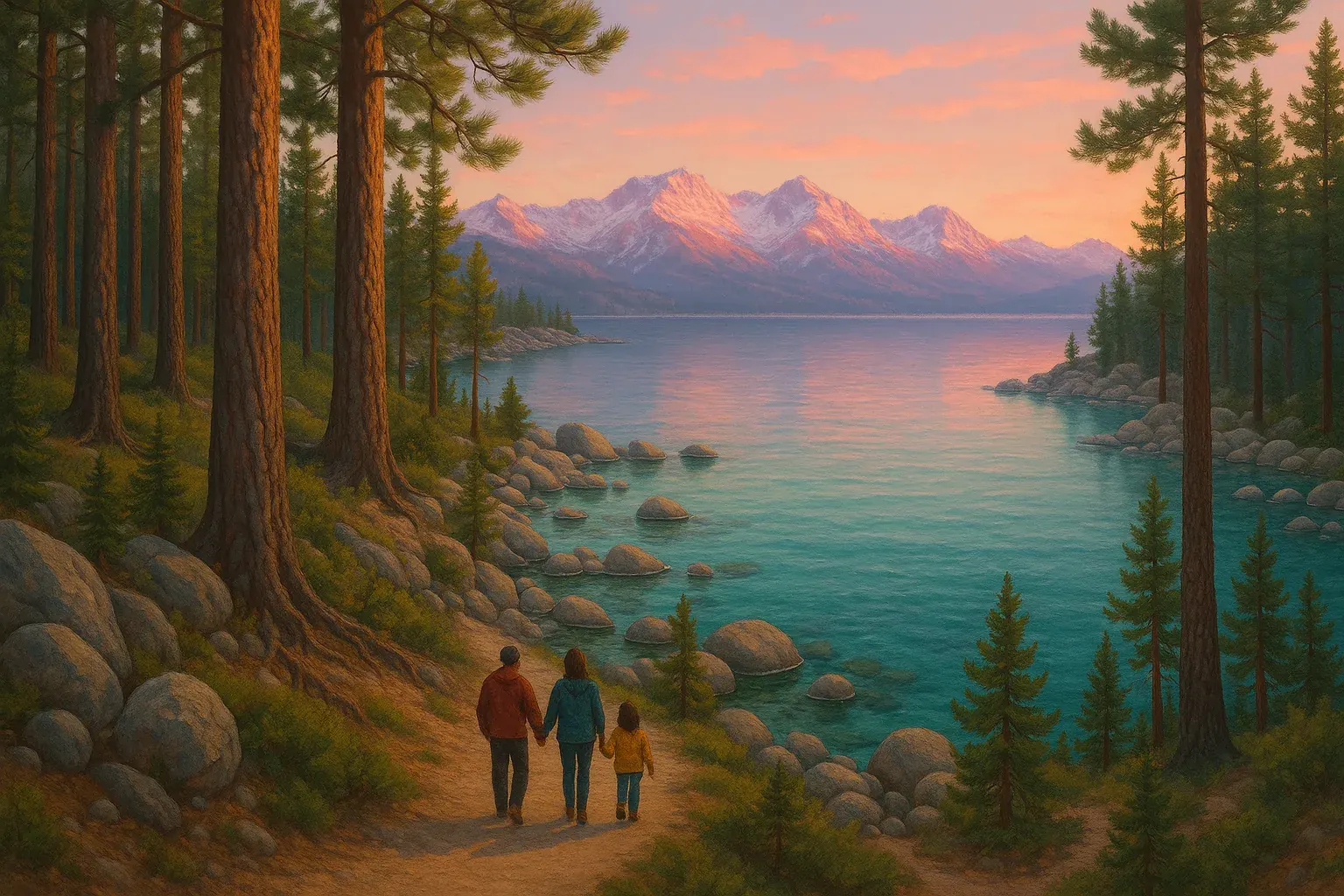 Lake Tahoe at first light from the Nevada shore, families walking a pine-lined path above clear turquoise water with the Sierra peaks catching pink sun behind.