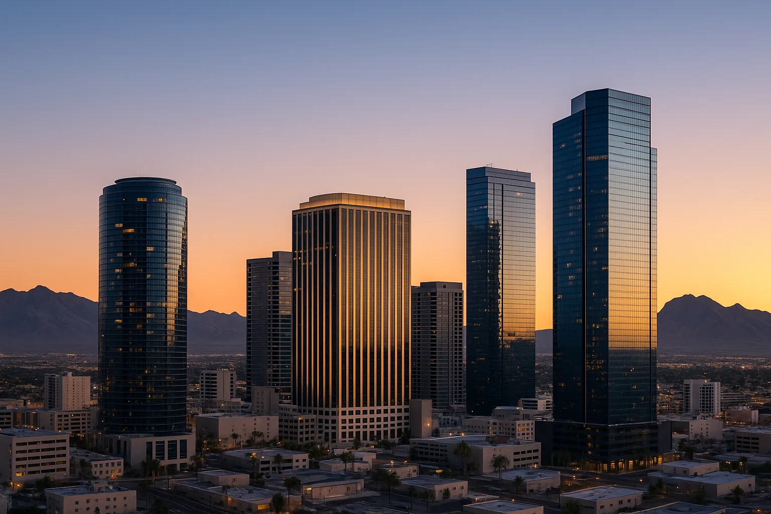 Downtown Las Vegas, Nevada at dusk: modern high-rise office towers with the surrounding desert mountains under a clear evening sky.