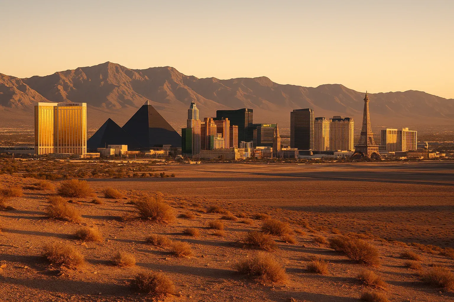 The Las Vegas Strip at golden hour seen from a quiet desert overlook, casino towers rising against the Spring Mountains, warm clear sky and long shadows across the valley floor.