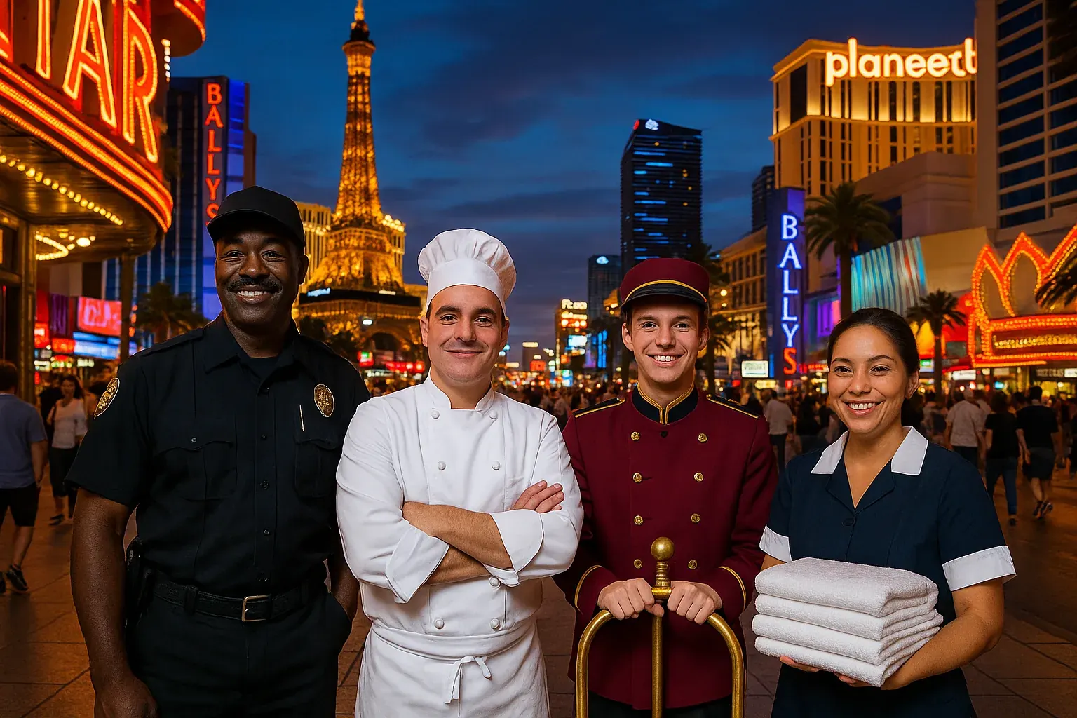 Las Vegas, Nevada hospitality and service workers on the Strip at dusk, neon and hotel towers behind a busy pavement.