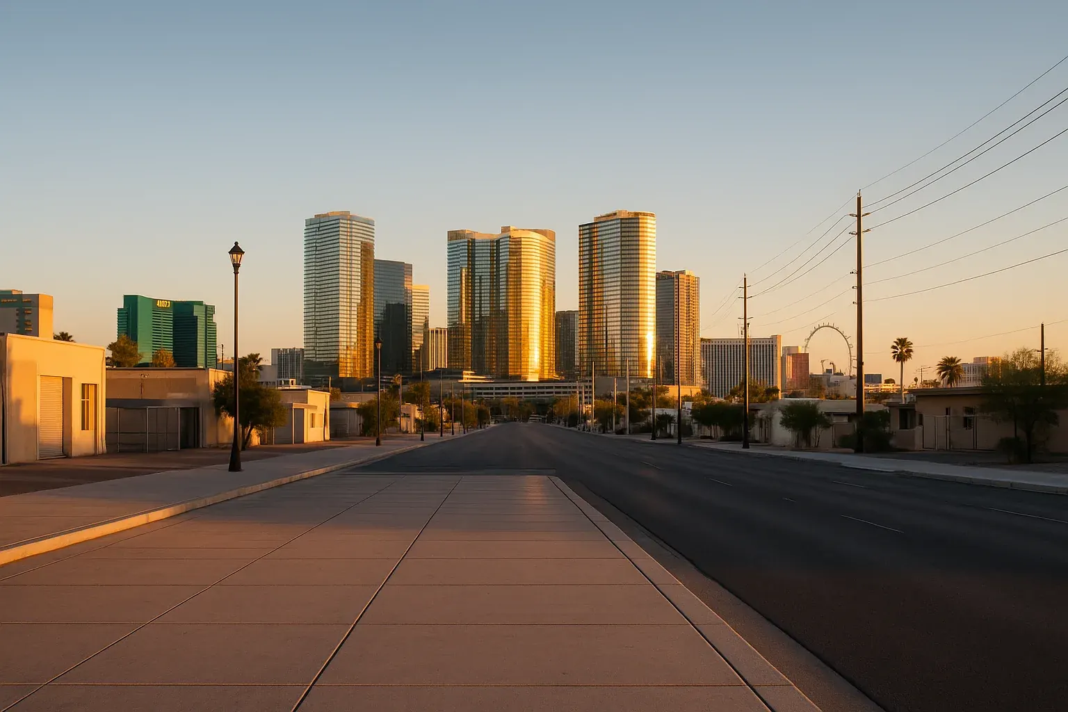 Las Vegas skyline at golden hour seen from a quiet urban street, glass towers catching warm low sun, a wide empty pavement in the foreground beneath a clear sky.