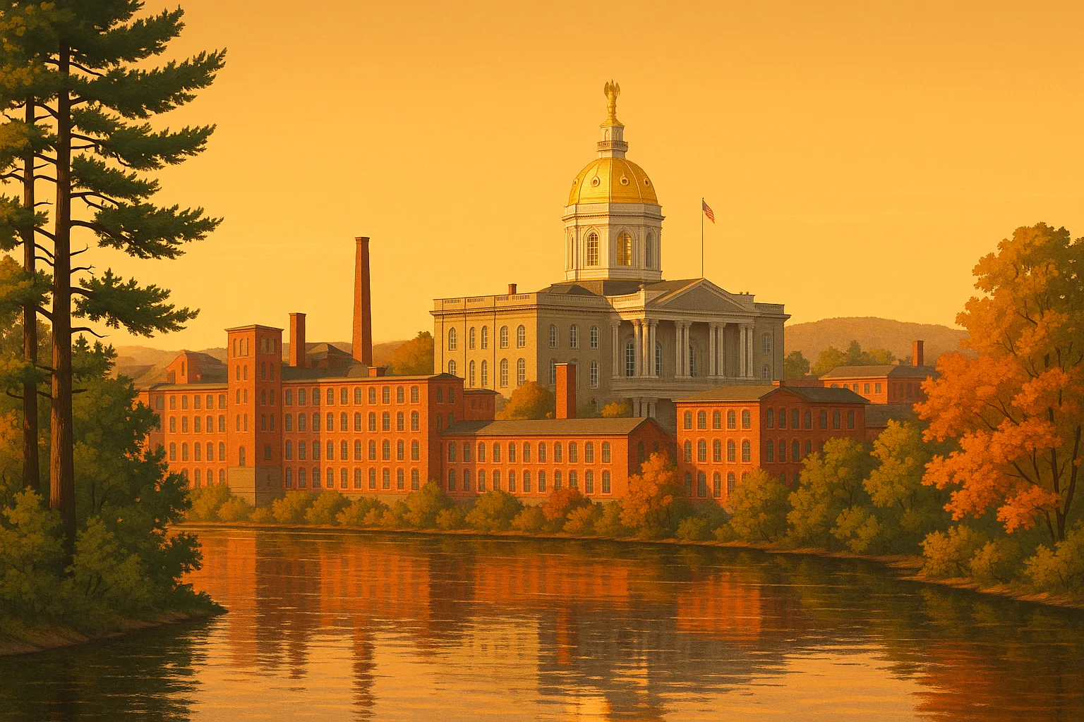 A warm, wide illustration of the Concord skyline at golden hour, the New Hampshire State House gold dome rising among brick mill buildings along the Merrimack River, white pines and maples on the near bank under a clear amber sky.