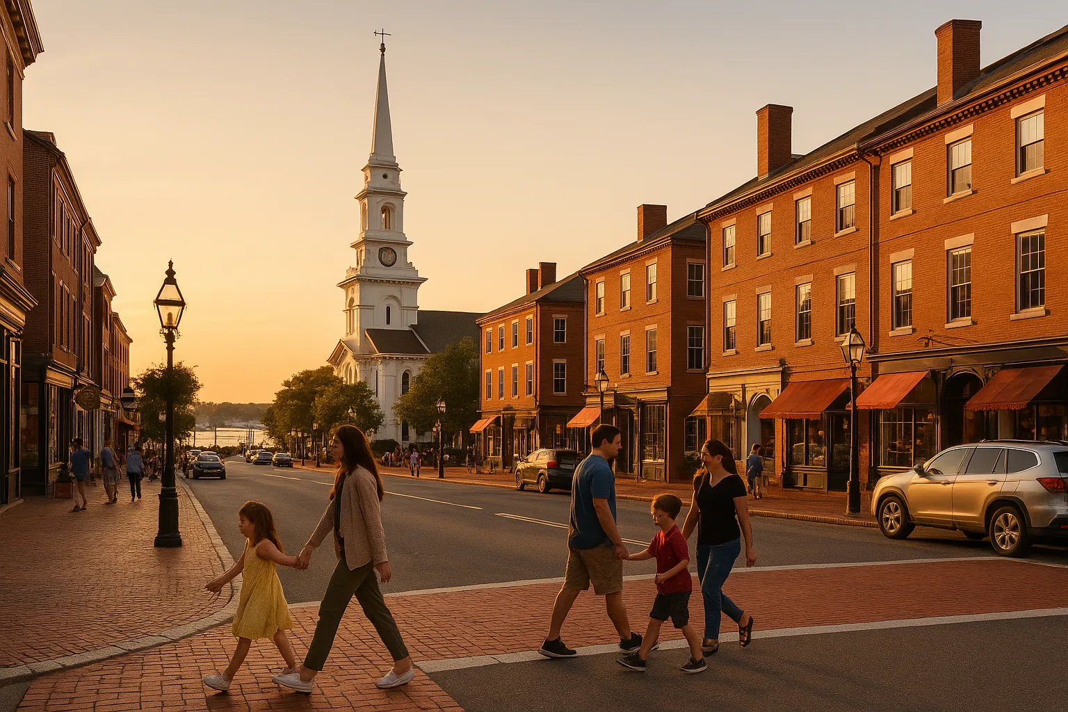 Portsmouth's Market Square at golden hour, families crossing red-brick sidewalks past white-steepled North Church and Federal-era storefronts, the Piscataqua River glinting beyond.