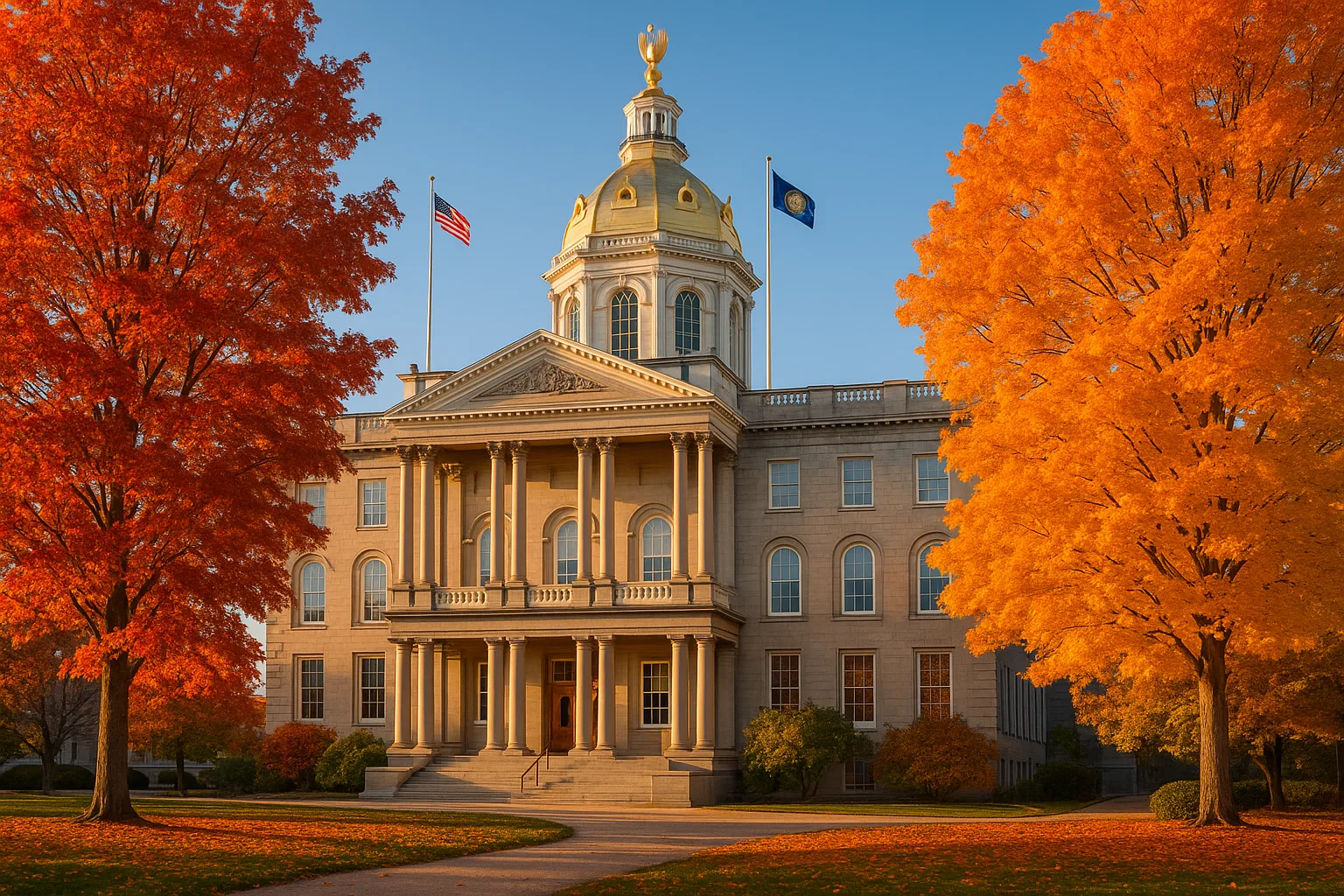 The New Hampshire State House in Concord at golden hour: a gold-domed granite capitol with autumn maples in the foreground under a clear New England sky.