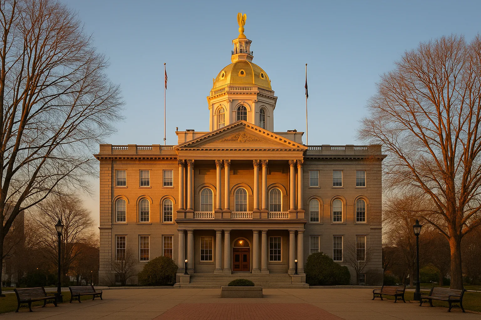 The New Hampshire State House in Concord at golden hour, its gold dome above red brick and bare maples, a quiet plaza in the foreground beneath a clear northern sky.