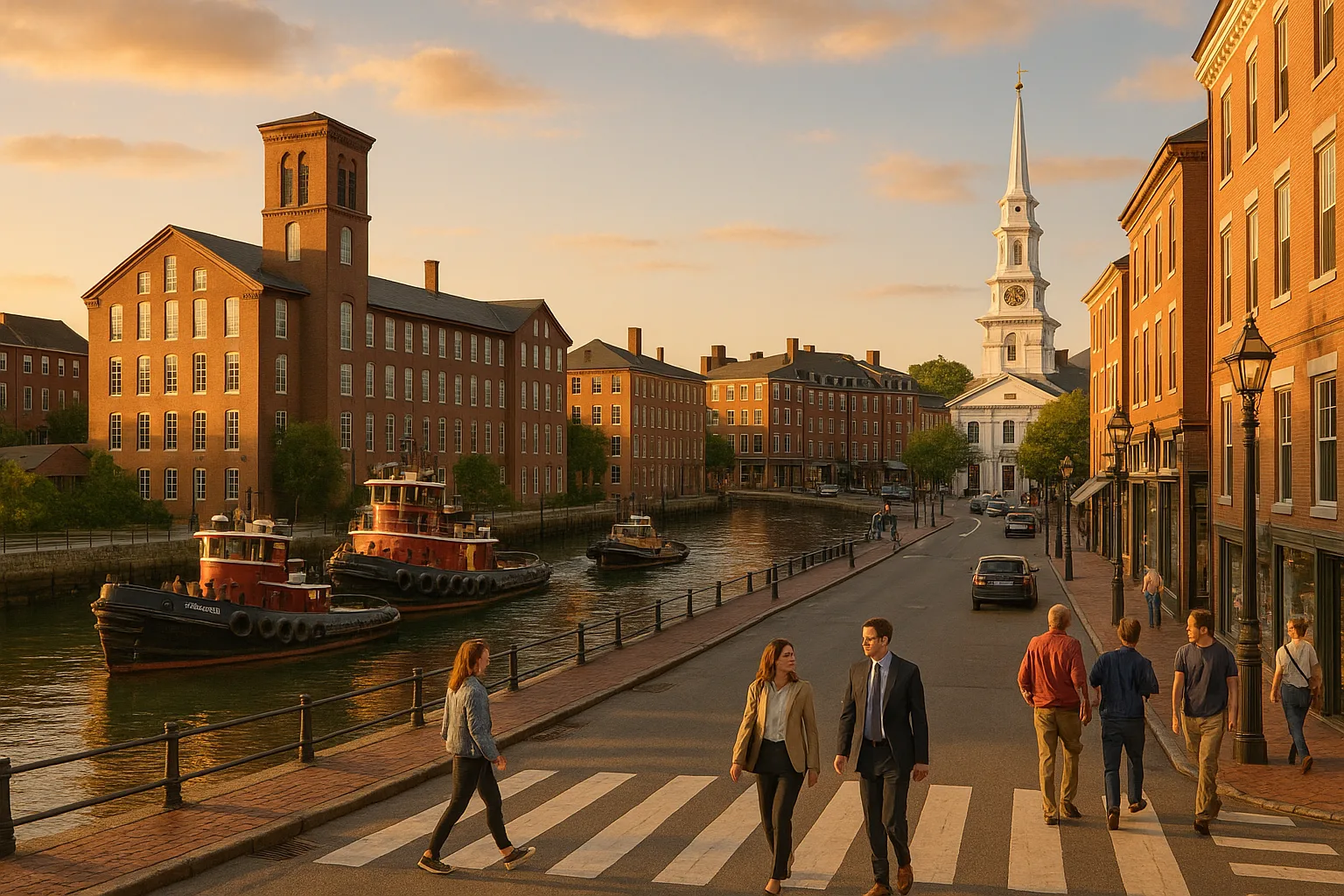 Portsmouth, New Hampshire waterfront at golden hour, brick mills and tugboats along the Piscataqua River with downtown workers crossing Market Square.