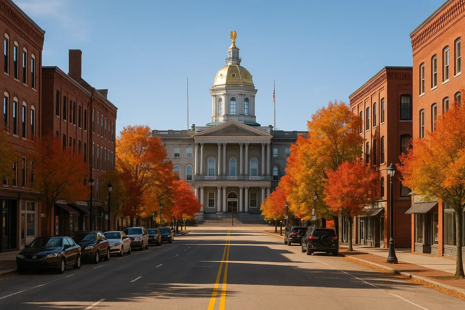 Downtown Concord, New Hampshire, granite state capitol dome rising above tree-lined streets on a clear autumn day, traditional New England brick buildings flanking the wide main street.