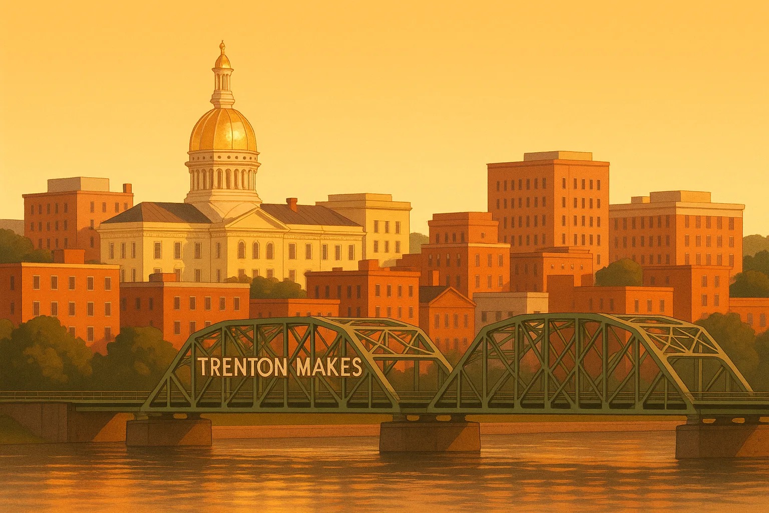 A warm, wide illustration of the Trenton skyline at golden hour seen across the Delaware River, the gold-domed New Jersey State House among low brick buildings, the river bridge in the foreground under a clear amber sky.