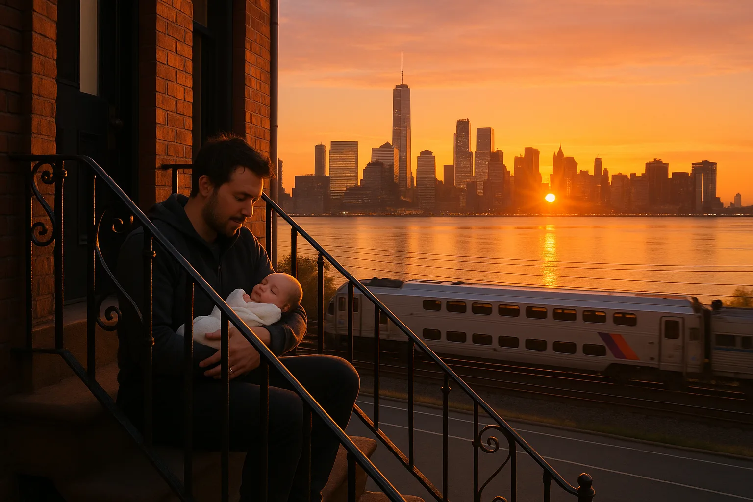 A new parent on a Jersey City stoop at sunrise cradling a newborn, the Hudson River and the Manhattan skyline glowing across the water, a NJ Transit train crossing the foreground.