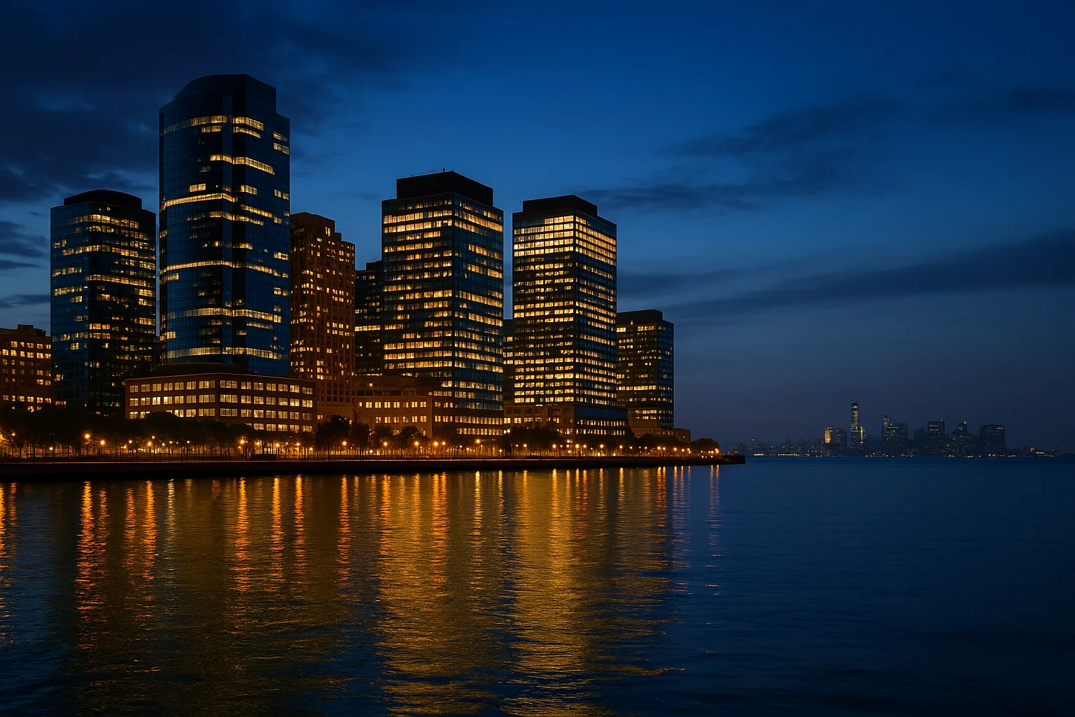 The Jersey City waterfront on the Hudson at dusk: glass office towers along Exchange Place reflected in the river, with the Manhattan skyline faint across the water under a deep blue evening sky.