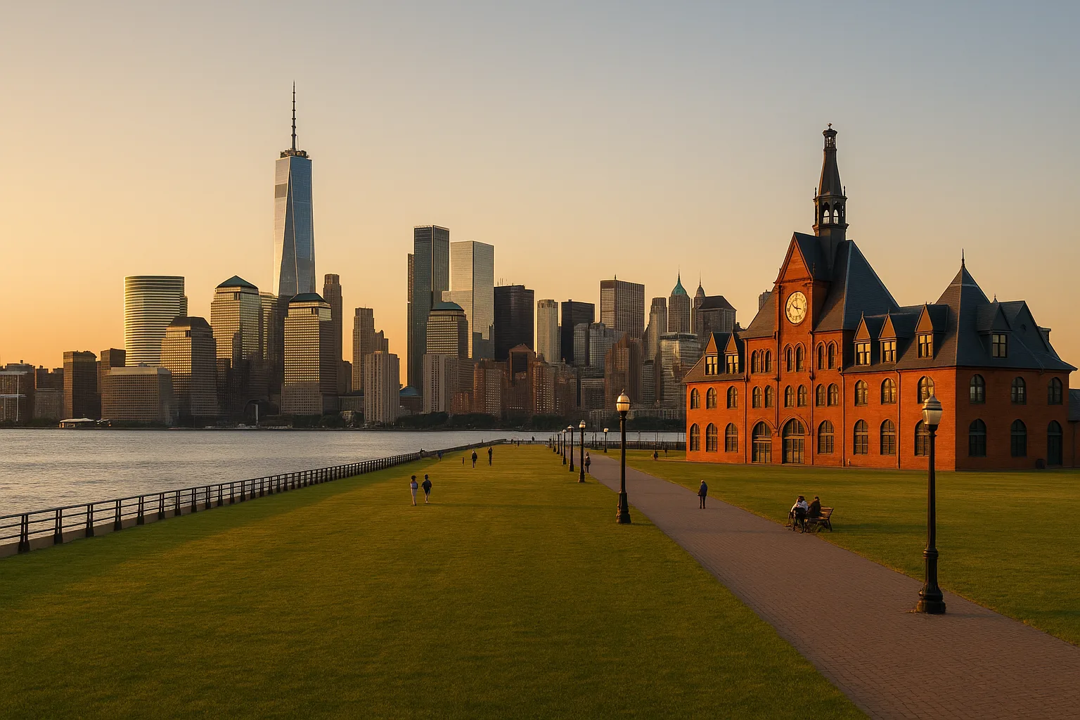 Liberty State Park in Jersey City at golden hour, the Manhattan skyline across the Hudson River, a wide grassy promenade and the old Central Railroad terminal, warm clear sky.