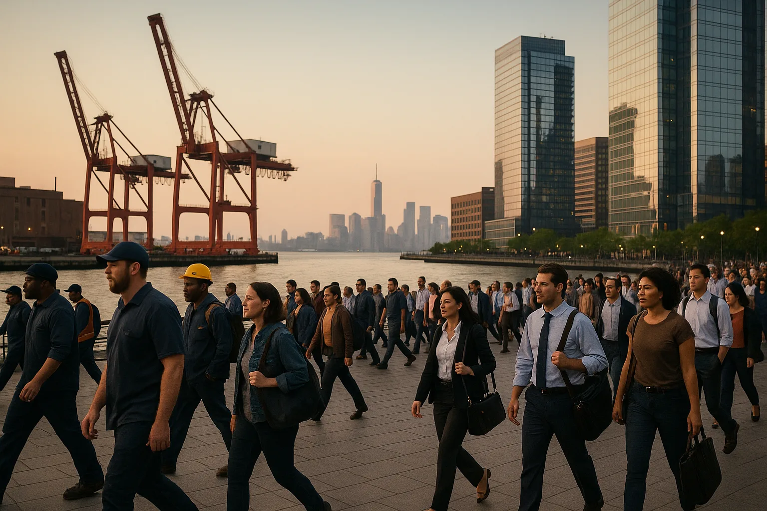 The Newark and Jersey City waterfront at shift change: warehouse and office workers crossing a busy plaza beside the Passaic River, freight cranes and glass towers behind them, with the Manhattan skyline faint across the water in the early evening light.