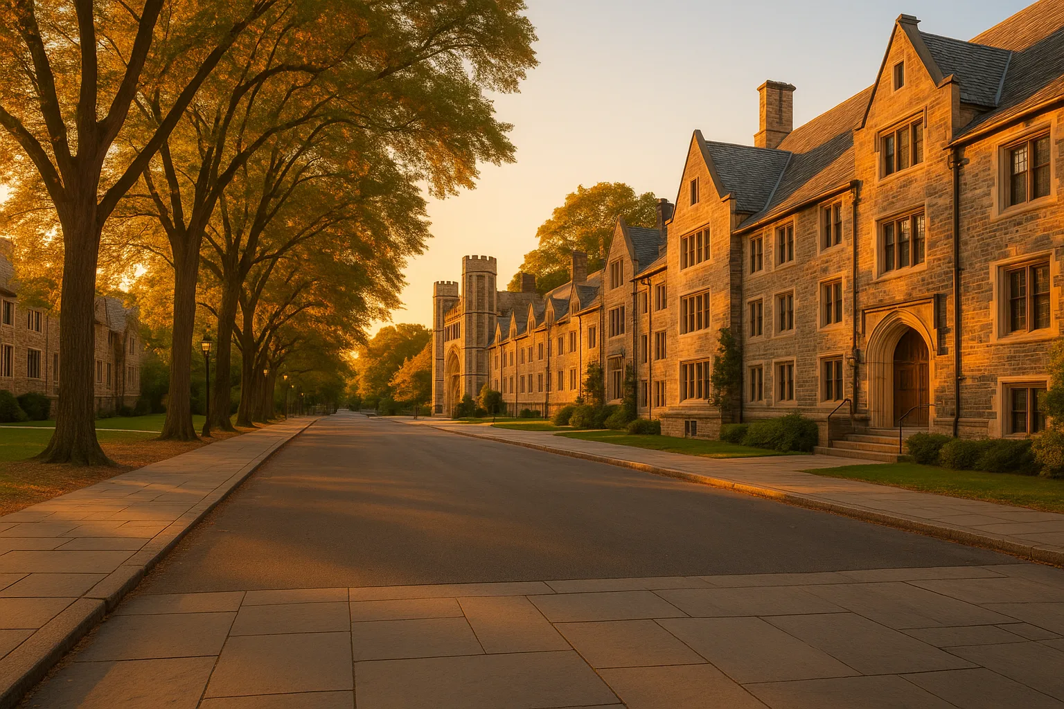 Princeton, New Jersey at golden hour, historic stone university buildings and mature trees lining a quiet street, warm low sun and a clear sky, wide empty pavement in the foreground.