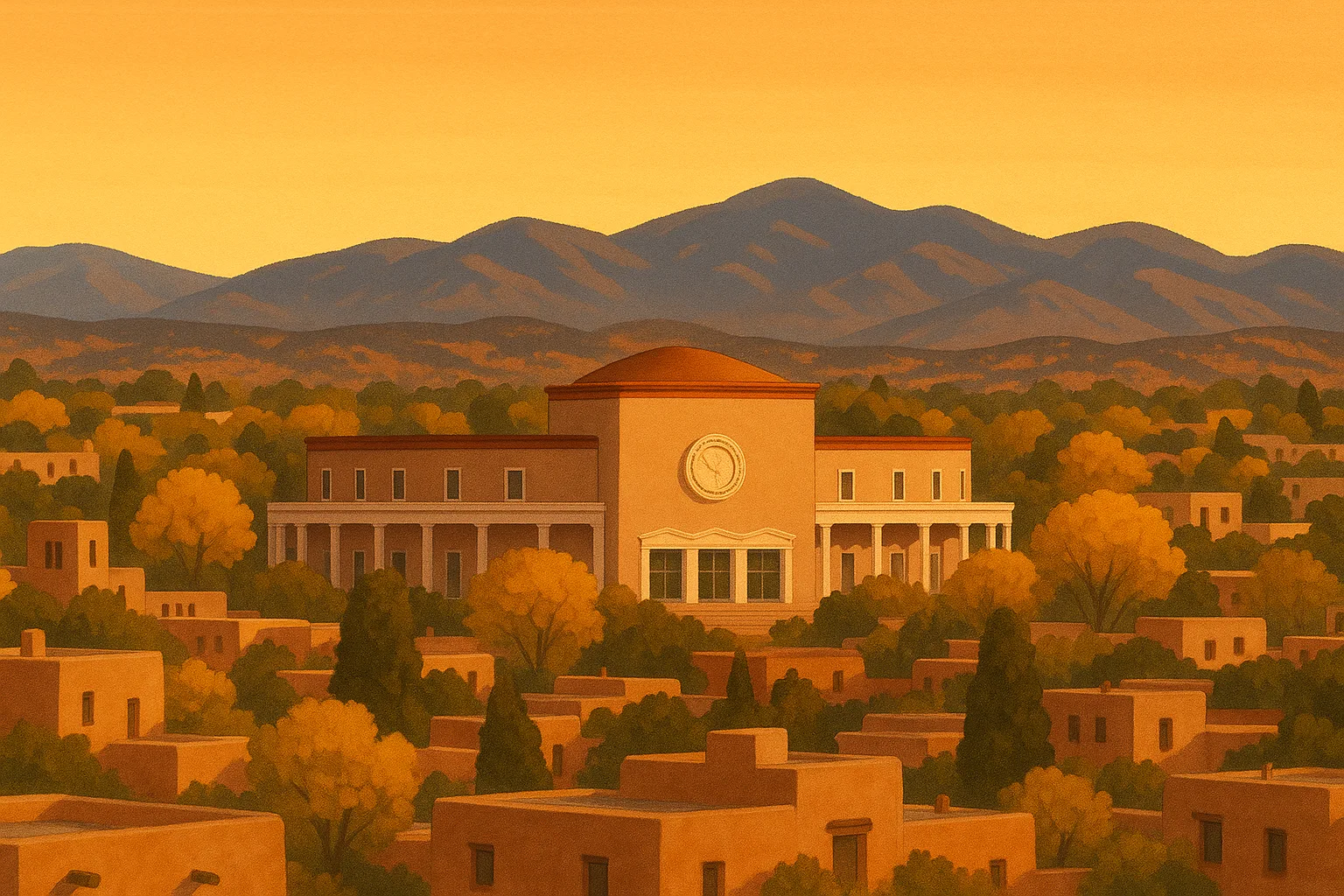A warm, wide illustration of the Santa Fe skyline at golden hour, the New Mexico State Capitol Roundhouse and low adobe rooftops among cottonwoods, the Sangre de Cristo foothills behind under a clear amber sky.