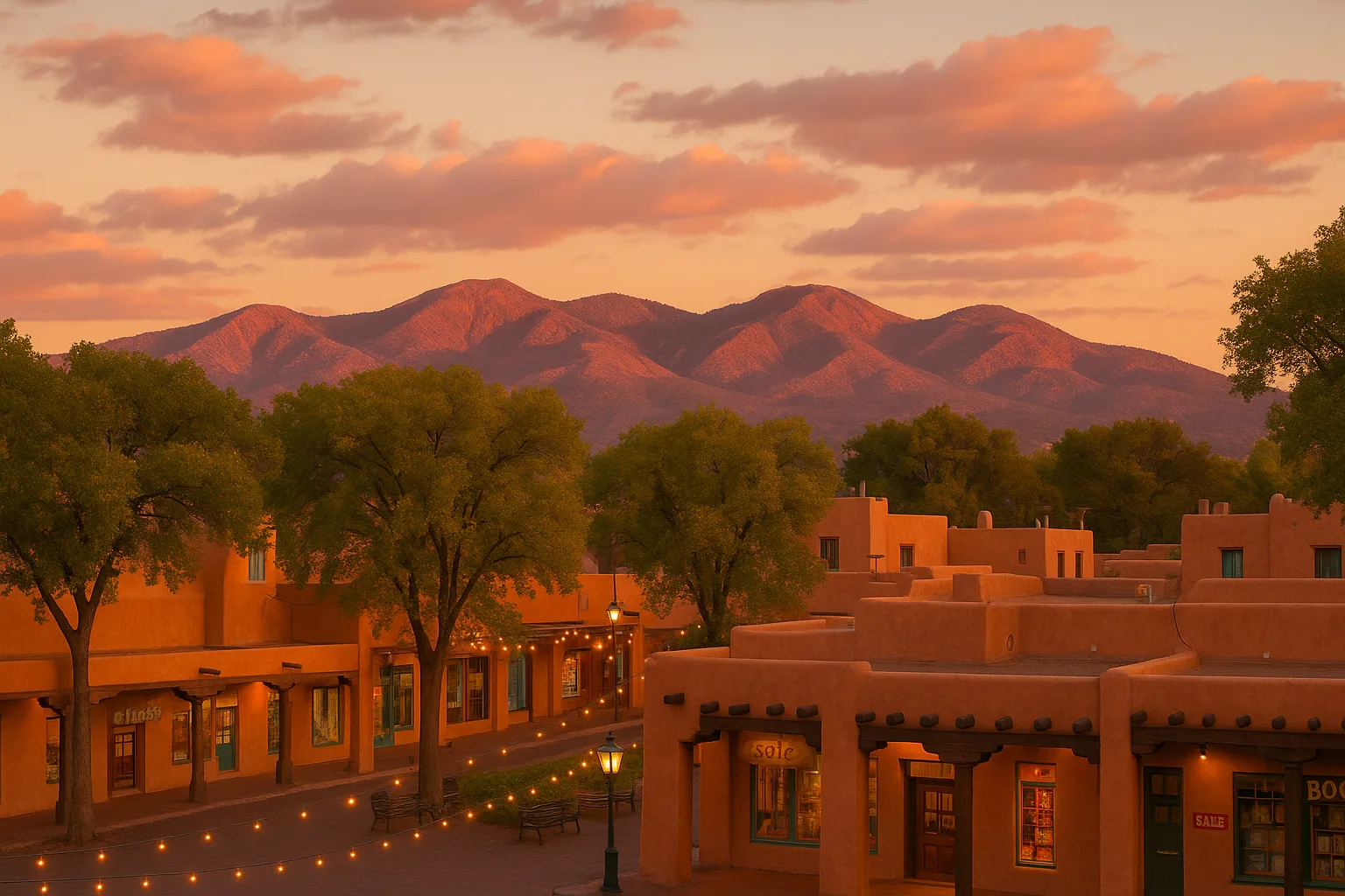 Santa Fe at golden hour, adobe storefronts and a cottonwood-lined plaza, the Sangre de Cristo mountains glowing pink behind low earthen rooftops and string lights.