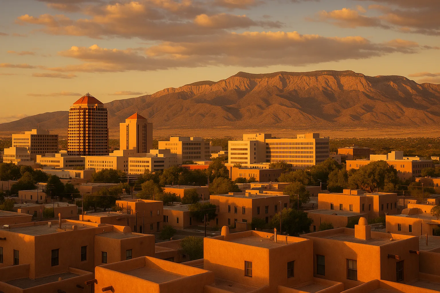 Albuquerque, New Mexico at golden hour: low-rise downtown offices and adobe rooftops with the Sandia Mountains rising in the high desert beyond.