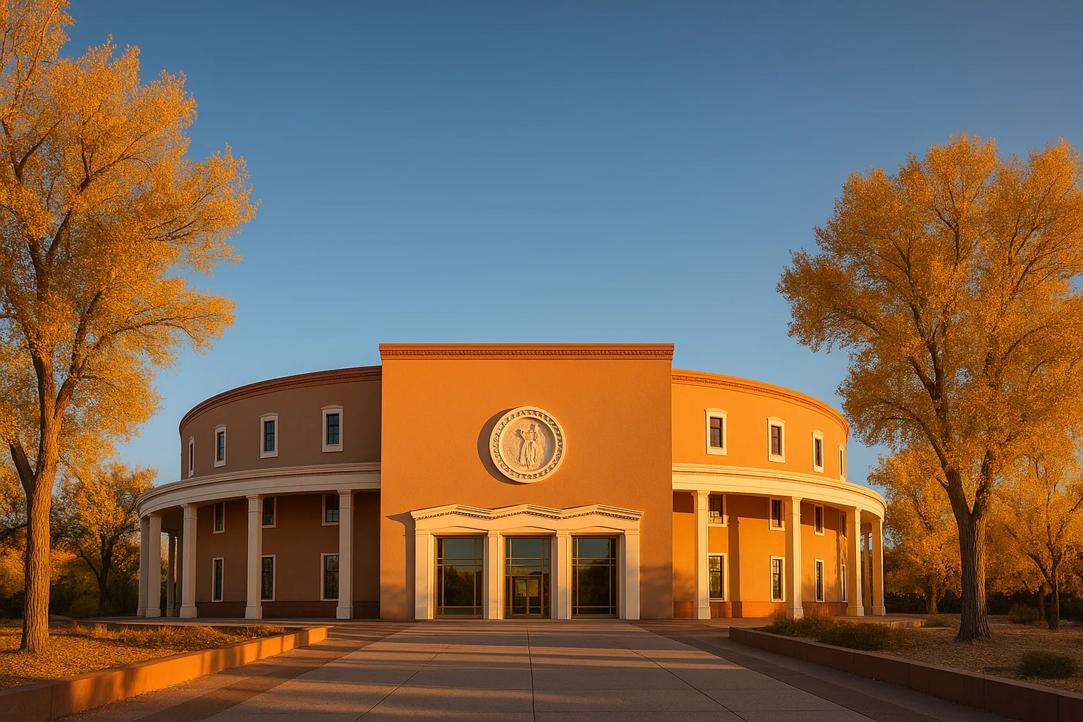 The New Mexico State Capitol, the Roundhouse, in Santa Fe at golden hour, its circular adobe-toned facade ringed by cottonwoods beneath a wide clear high-desert sky.