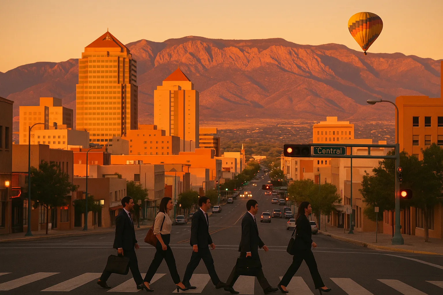 Albuquerque, New Mexico at golden hour: office workers crossing Central Avenue downtown with the Sandia Mountains glowing pink behind the high-desert skyline and a hot-air balloon drifting over the Rio Grande valley.