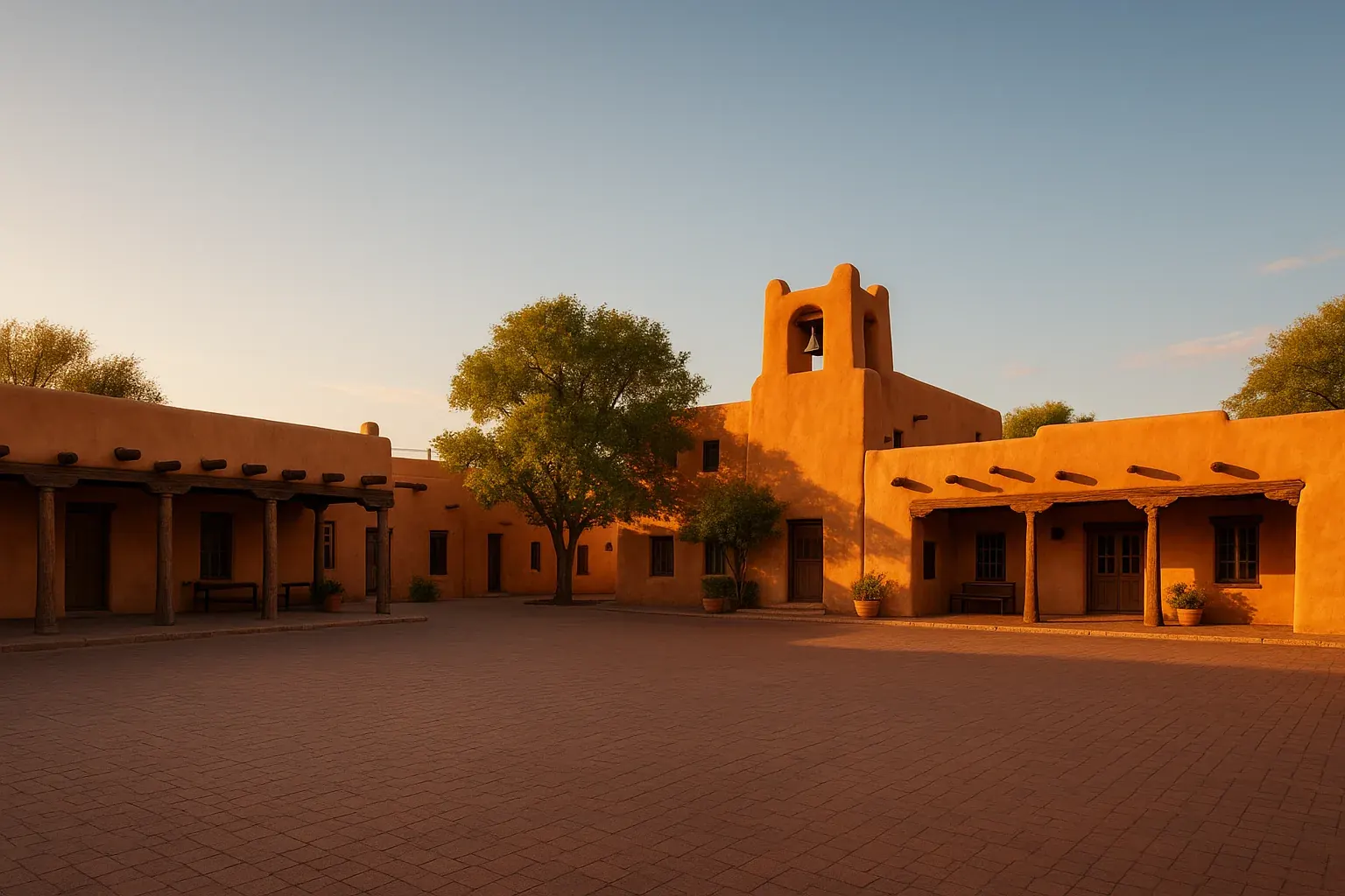 Old Town Albuquerque plaza at golden hour, low adobe buildings lining a quiet courtyard, warm desert light on terracotta walls, an empty paved square in the foreground beneath a clear blue sky.