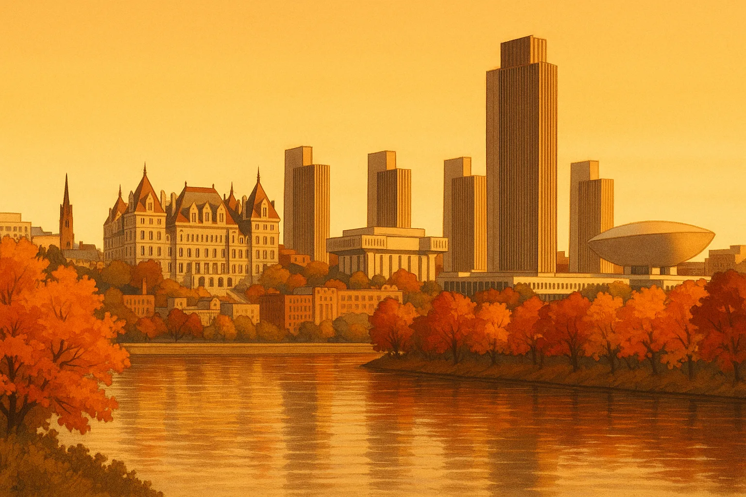A warm, wide illustration of the Albany skyline at golden hour seen across the Hudson River, the New York State Capitol and the Empire State Plaza towers under a clear amber sky, autumn maples along the near bank.