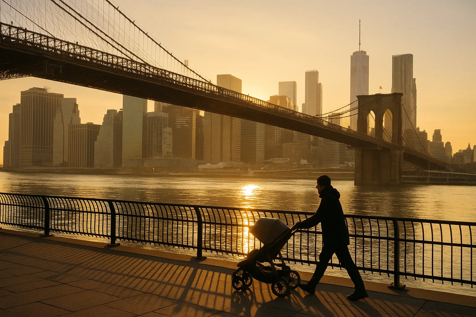 Morning light over the Brooklyn Bridge and the East River, a parent pushing a stroller along the waterfront path as commuters cross toward Lower Manhattan.