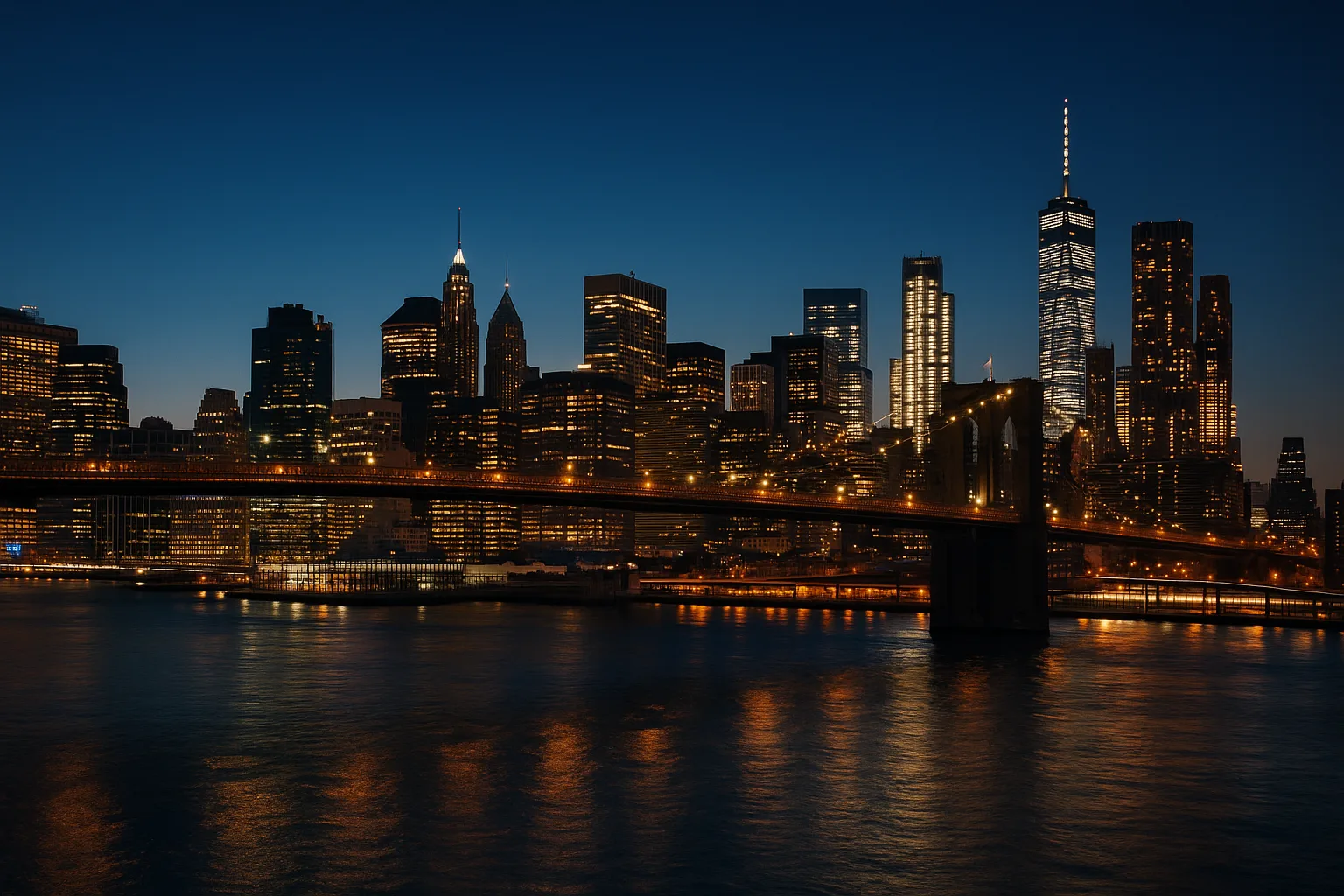 The Manhattan skyline at dusk seen from across the East River: Midtown and Lower Manhattan office towers lit against a deep blue evening sky, with the Brooklyn Bridge in the foreground.