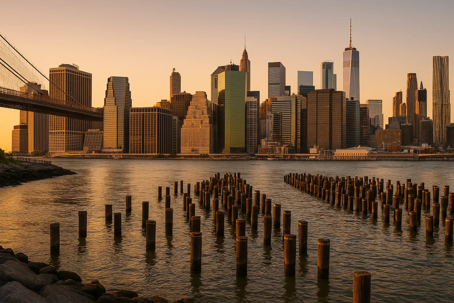 Lower Manhattan skyline from Brooklyn Bridge Park at golden hour, the East River in the foreground, the bridge towers to the left, warm clear sky over the financial district.