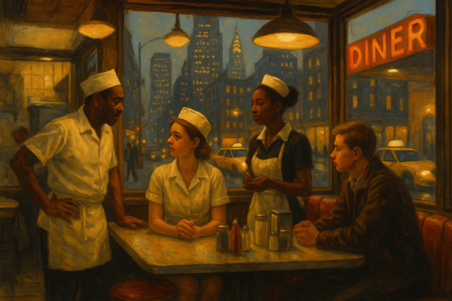 A New York City diner and street scene at shift change: service and hospitality workers under warm light, yellow cabs and Midtown towers beyond the window.