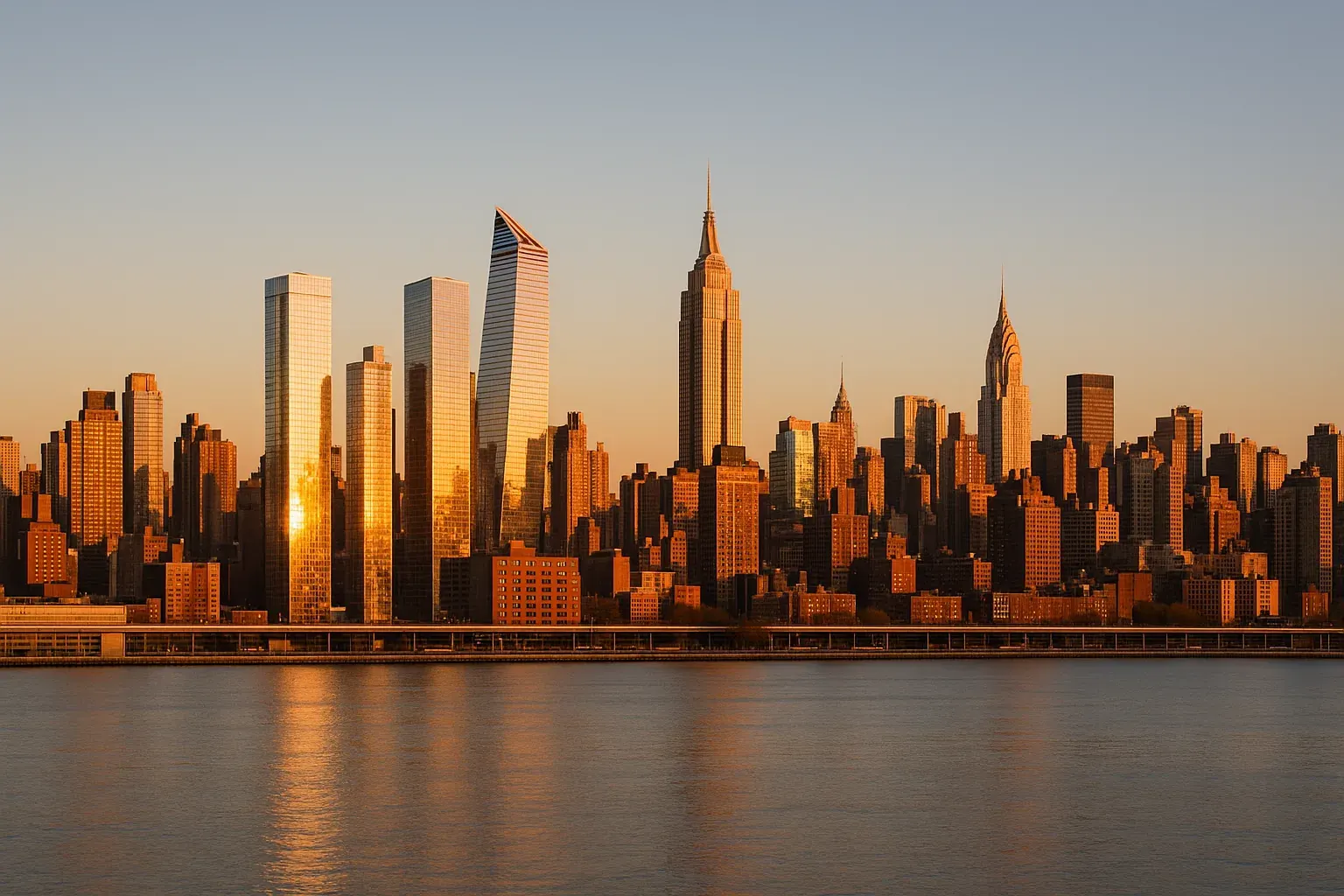 Midtown Manhattan skyline viewed from across the Hudson River at golden hour, glass towers catching warm amber light, a wide open waterfront in the foreground beneath a clear sky.