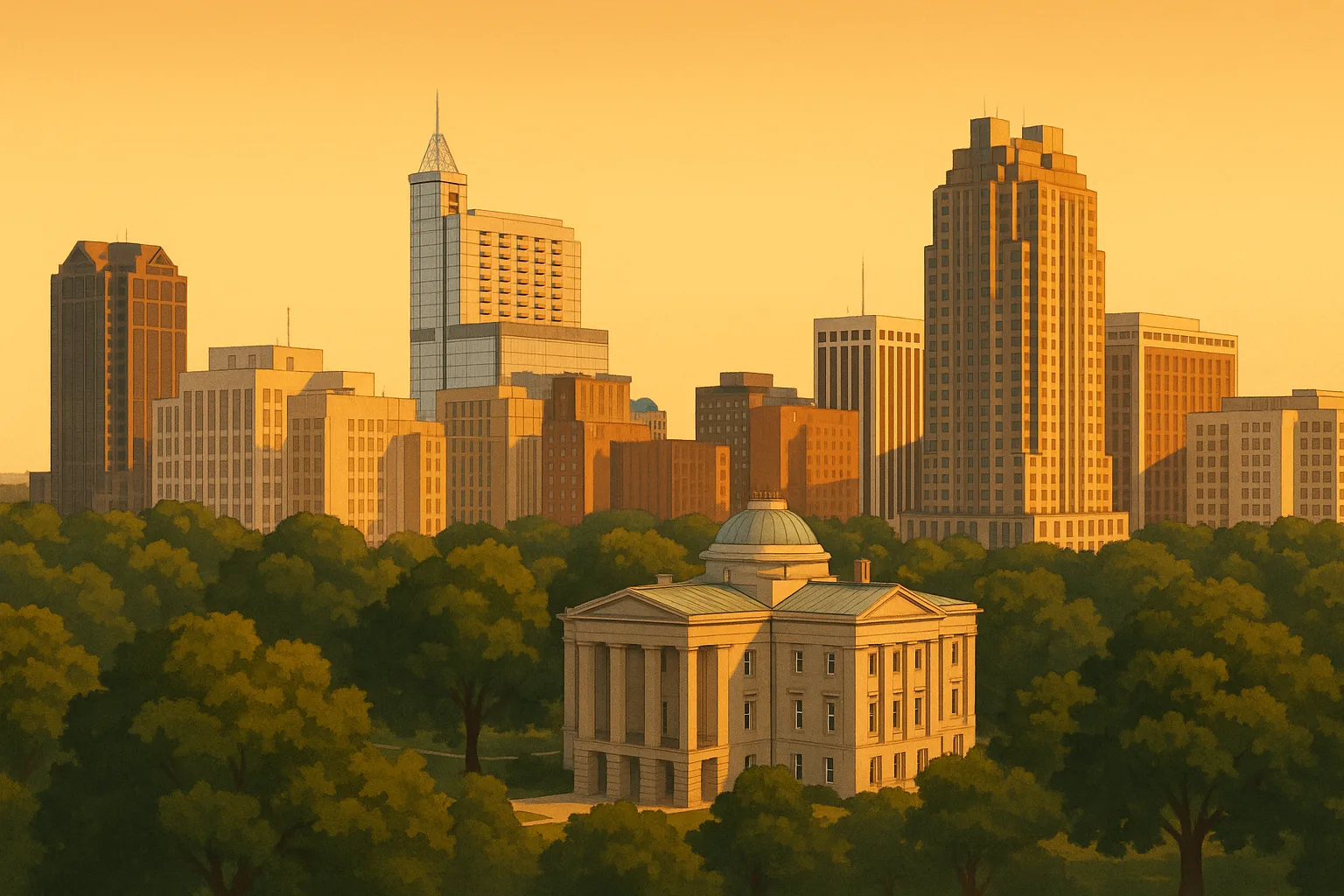 A warm, wide illustration of the Raleigh skyline at golden hour, the North Carolina State Capitol and modern downtown towers above the trees of a green Piedmont city under a clear amber sky.
