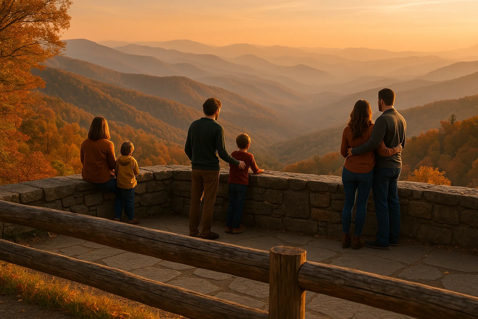 Blue Ridge Parkway at golden hour near Asheville, families on a stone overlook as ridgelines fade into autumn haze, a low timber railing in the foreground.
