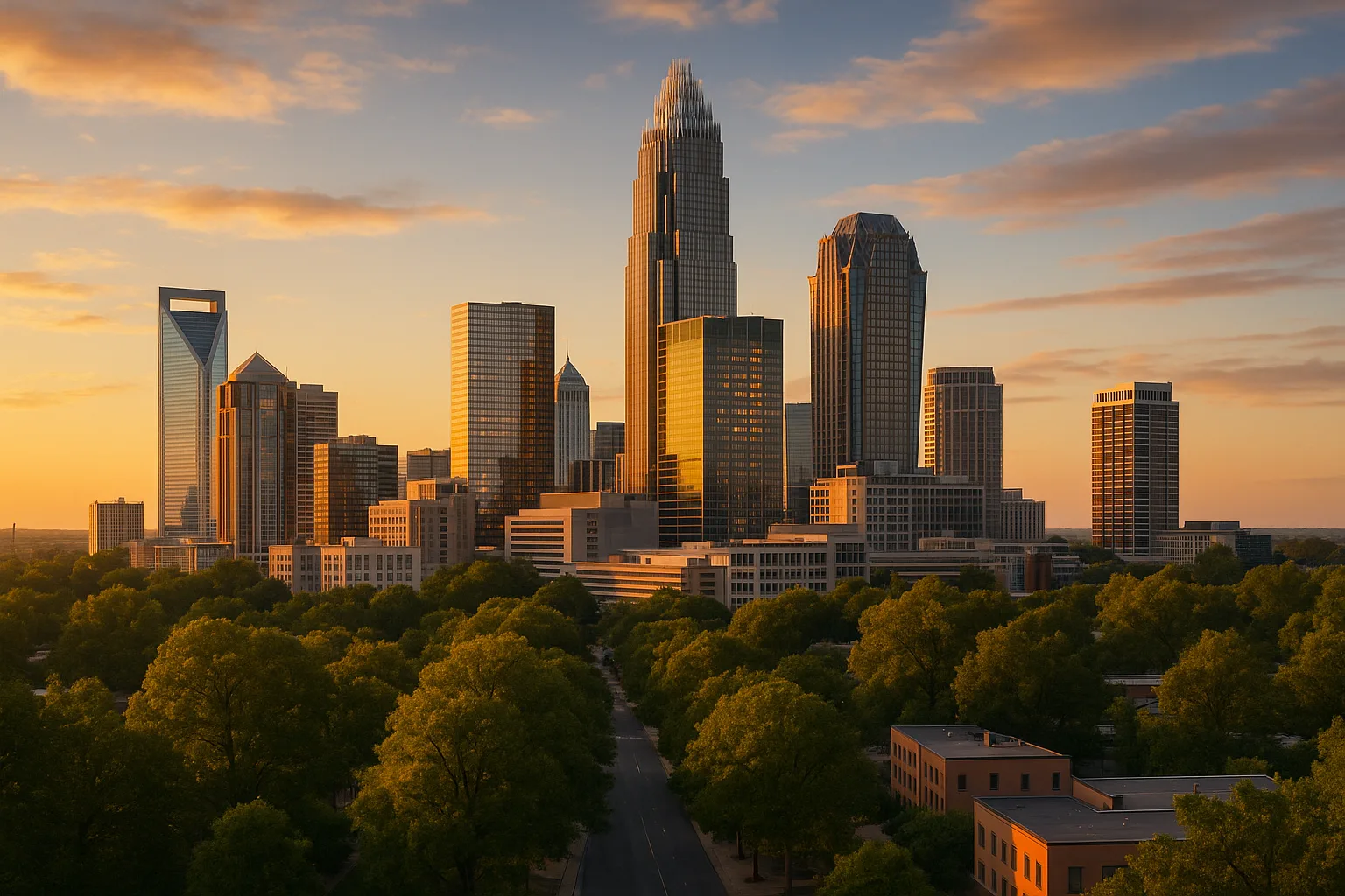 The Charlotte, North Carolina skyline at golden hour: the Bank of America Corporate Center and uptown banking towers rising above tree-lined streets under a warm Carolina sky.