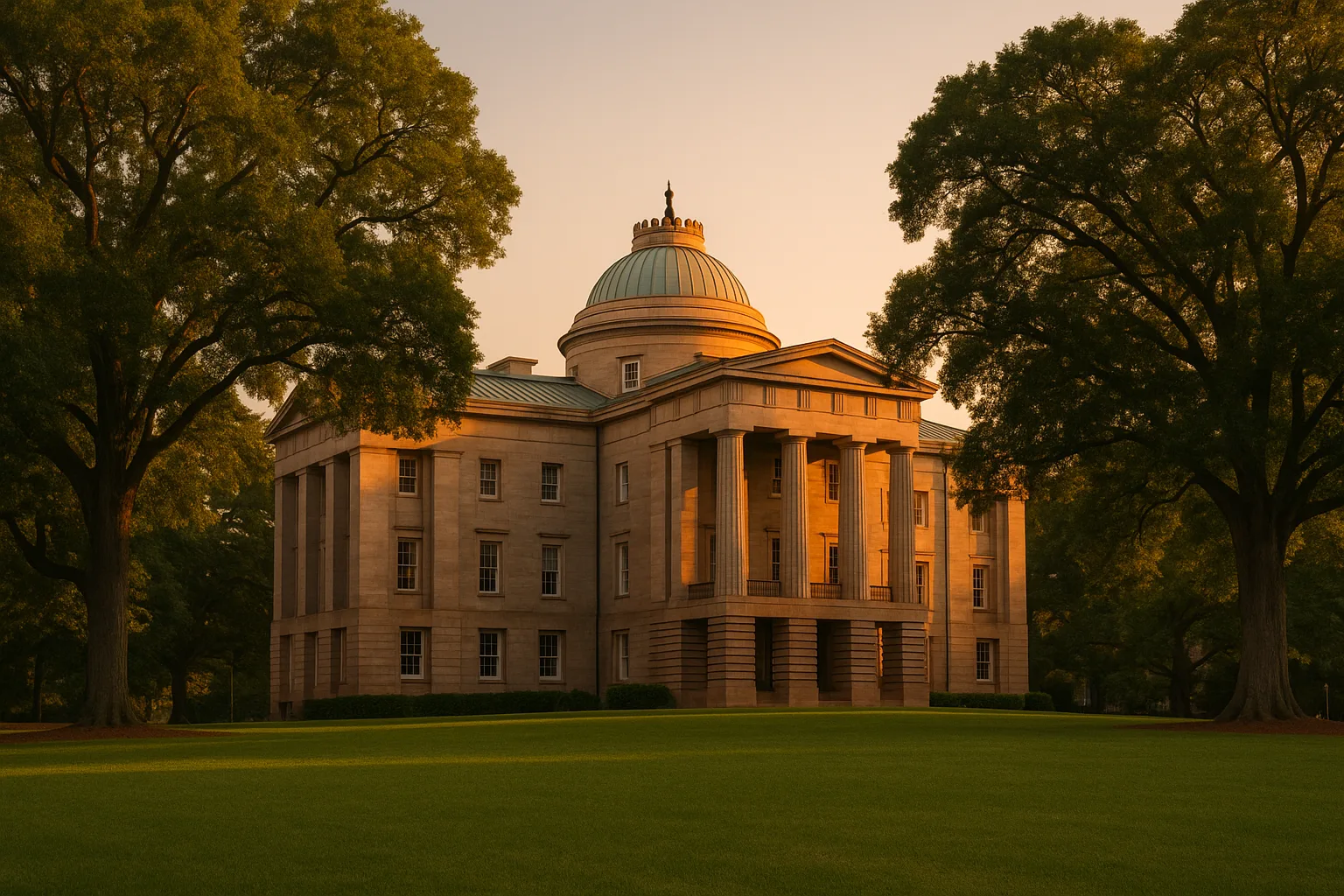The North Carolina State Capitol in Raleigh at golden hour, its copper dome above mature oak trees, a quiet lawn in the foreground under a warm clear sky.