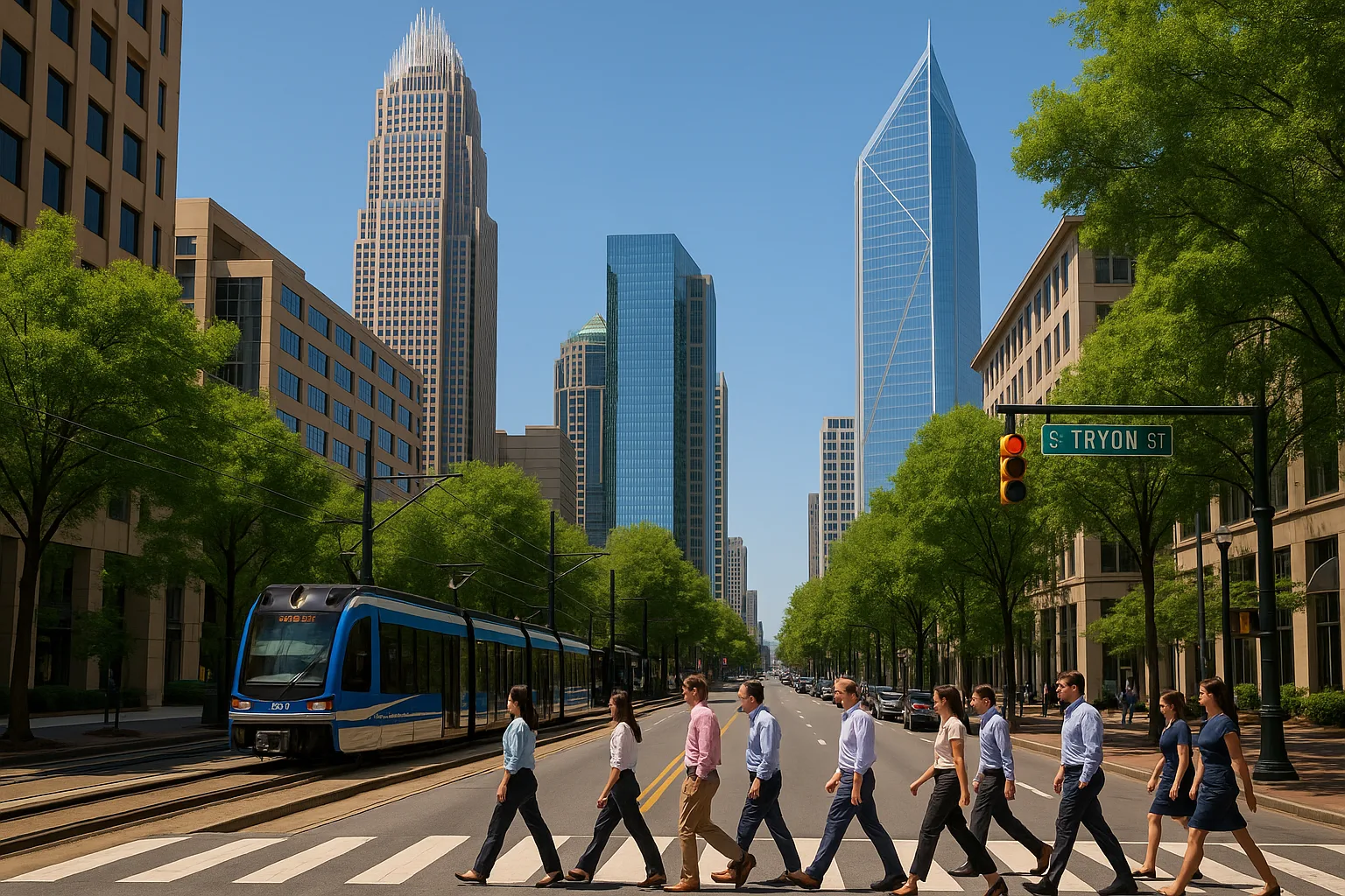 Charlotte, North Carolina uptown at midday: office workers crossing Tryon Street beneath the Bank of America and Duke Energy towers, light rail and tree-lined pavements under a clear Carolina sky.