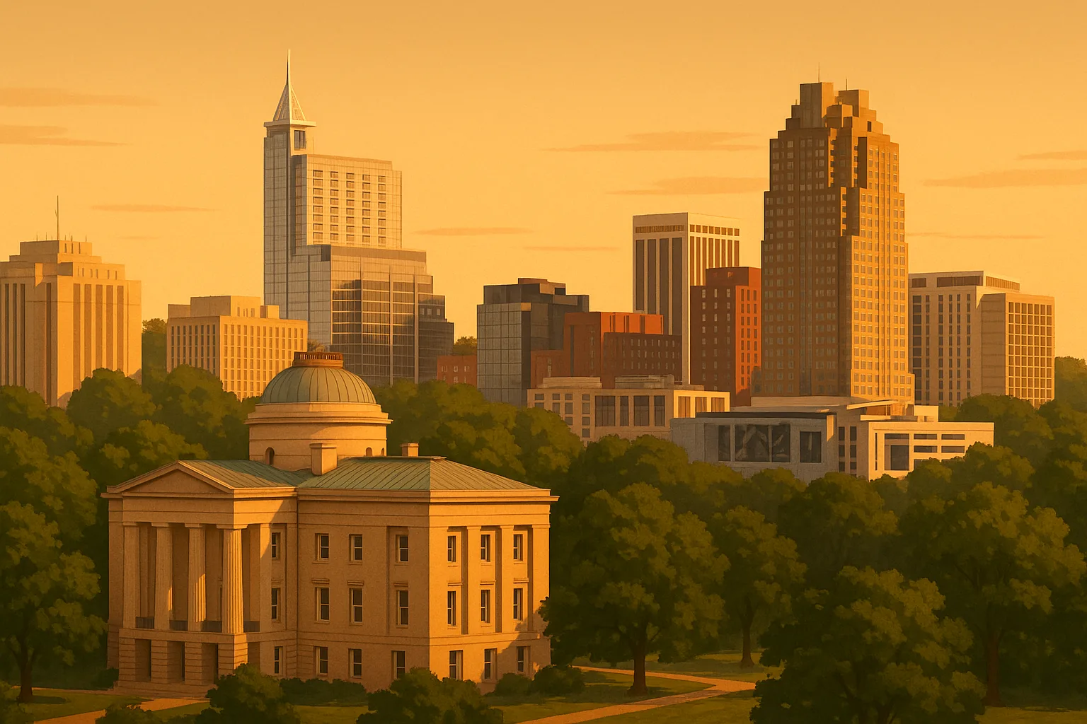 A warm, wide illustration of the Raleigh skyline at golden hour, the North Carolina State Capitol and modern downtown towers above the trees of a green Piedmont city under a clear amber sky.