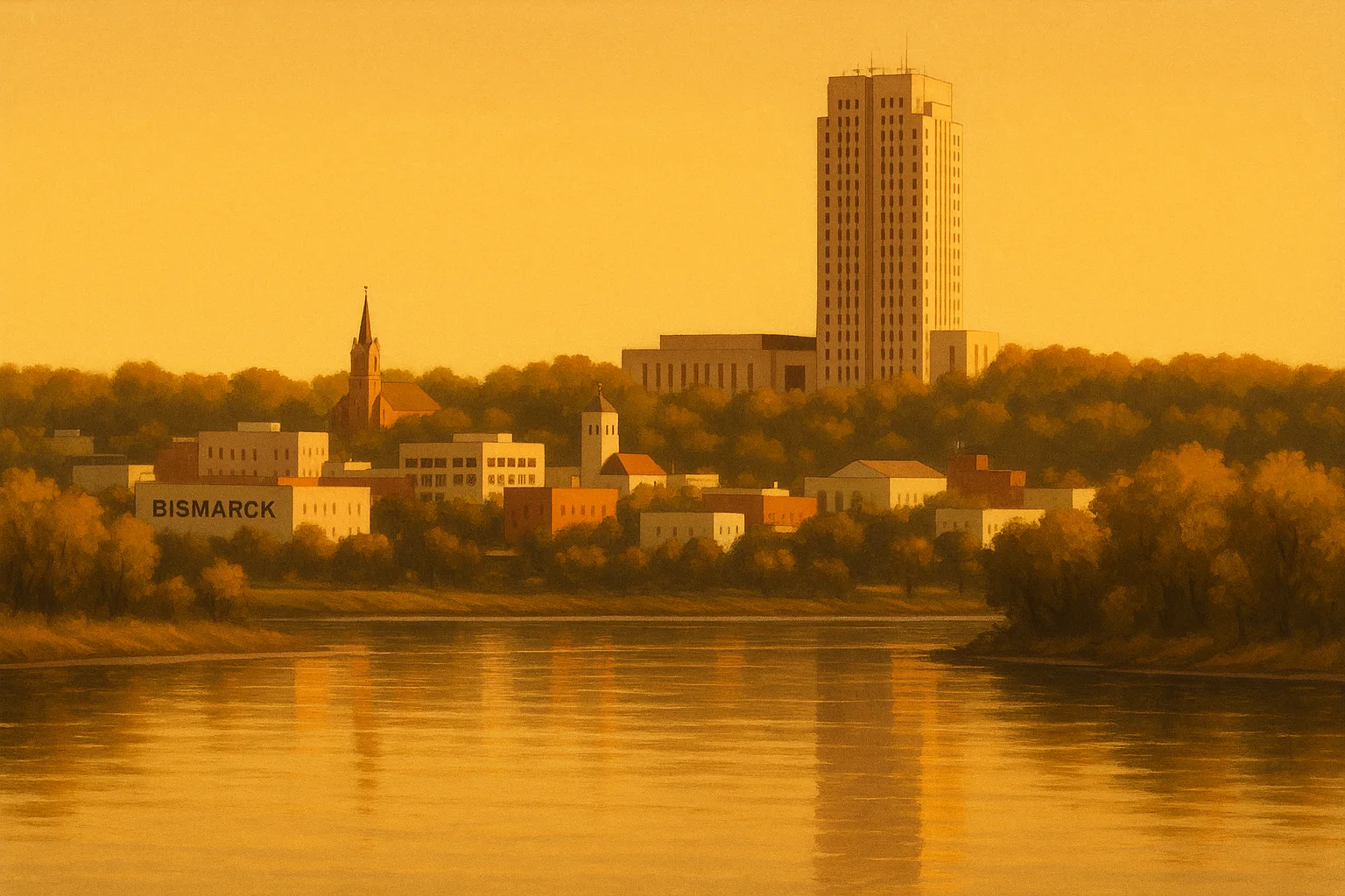 A warm, wide illustration of the Bismarck skyline at golden hour across the Missouri River, the North Dakota State Capitol tower rising above the prairie tree line under a clear amber sky.