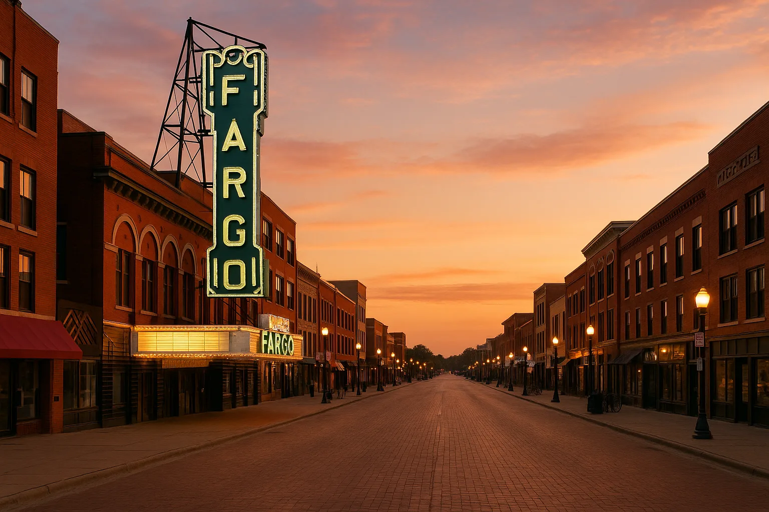 Downtown Fargo at golden hour, the restored Fargo Theatre marquee glowing over wide brick Broadway, low prairie sky stretching pink behind the storefronts.